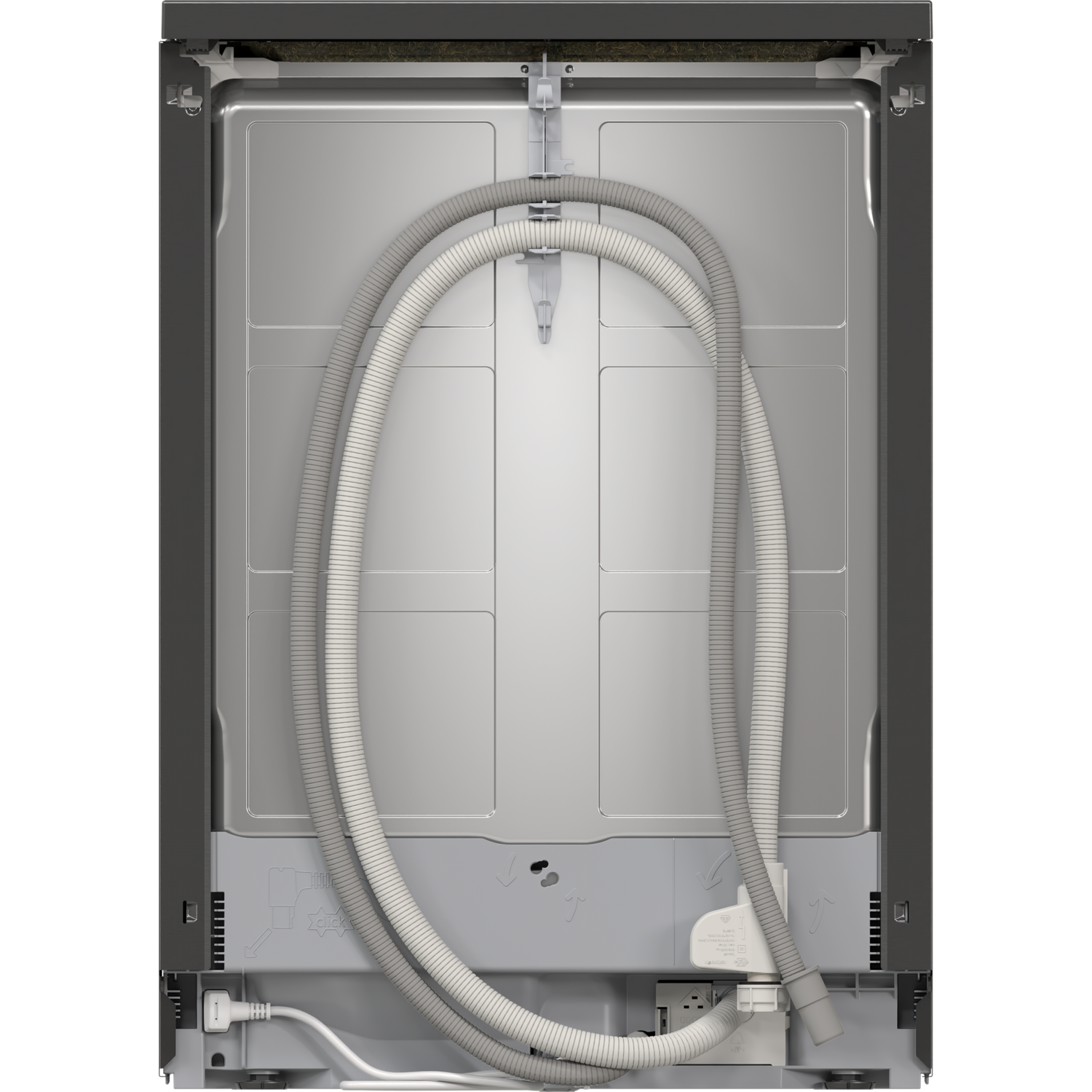 The rear of a dishwasher with grey hoses and components, against a black background.