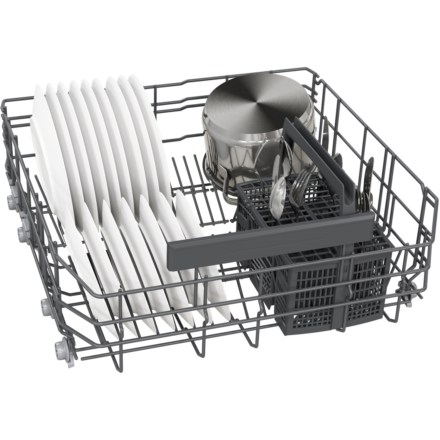 Dishwasher basket with plates, pot, and utensils. Gray metallic color.