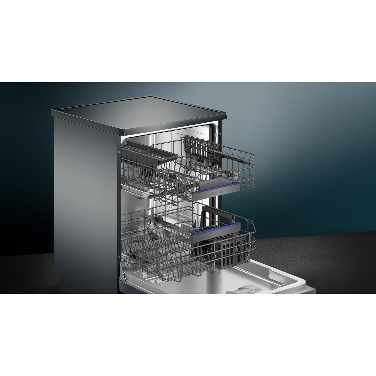 Dishwasher with racks open, on a dark background.