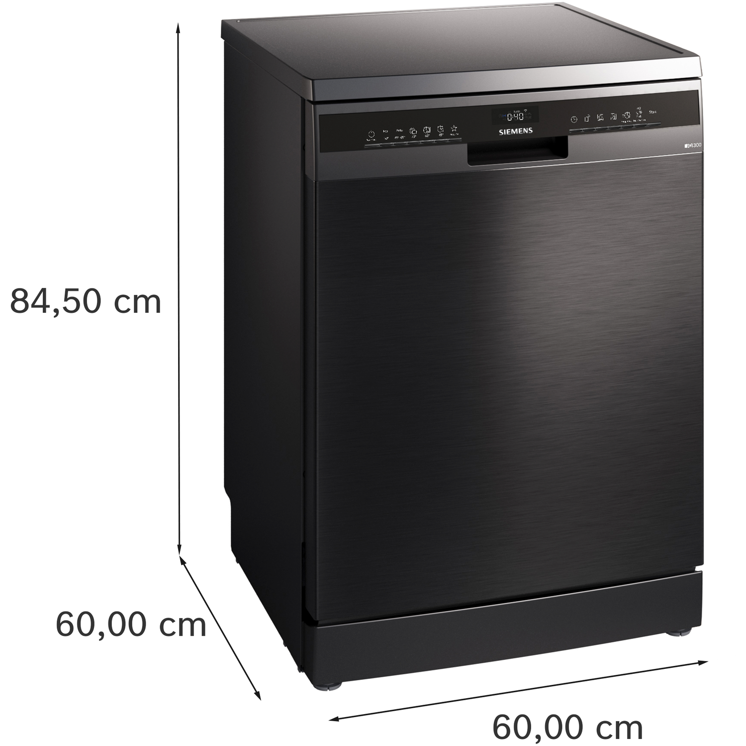 A black Siemens dishwasher, dimensions in cm are visible.