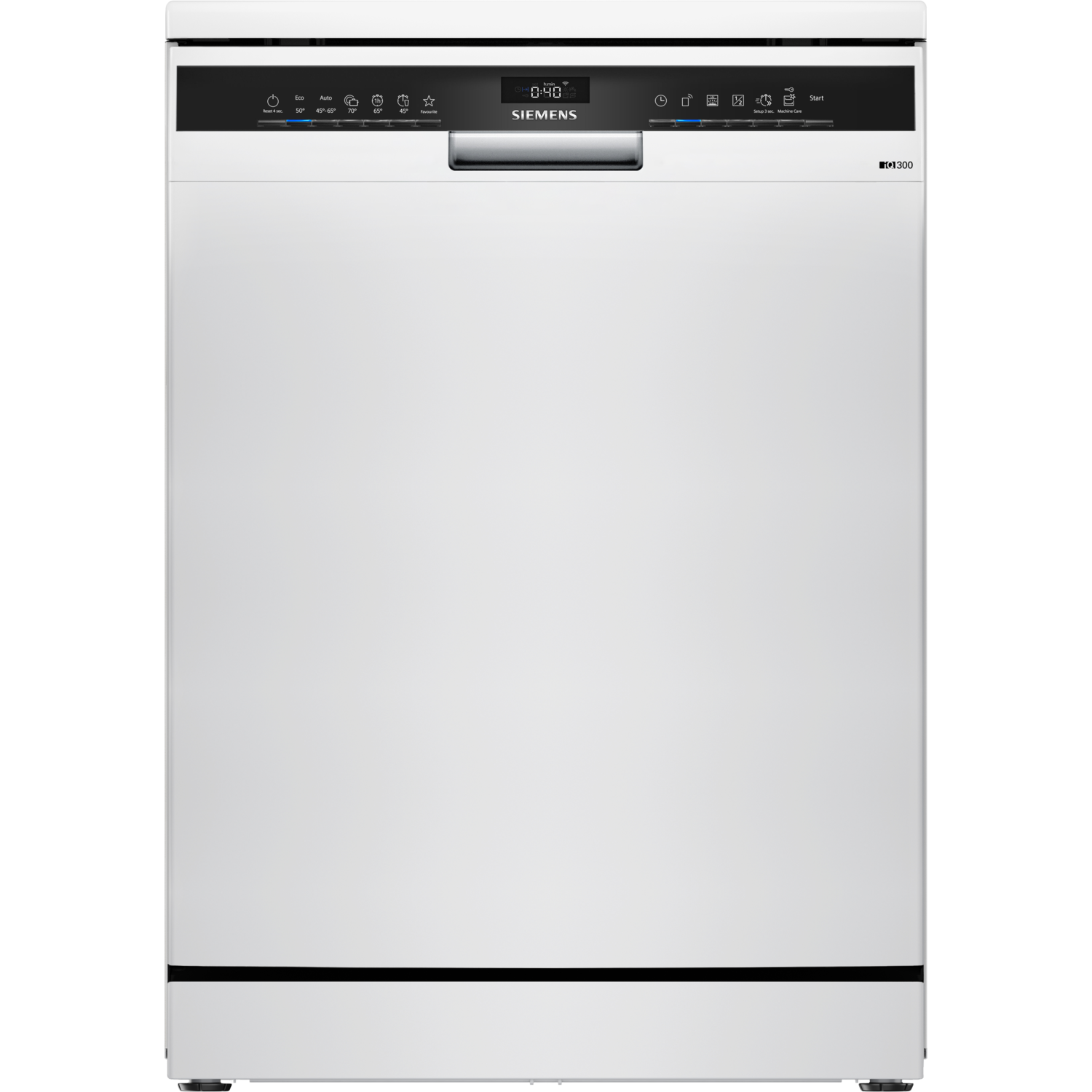 White dishwasher with black control panel. The panel displays time and various program icons.