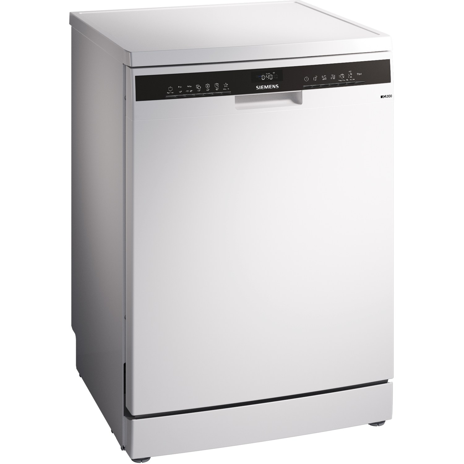 A white dishwasher with the Siemens logo and a digital display. Black background.