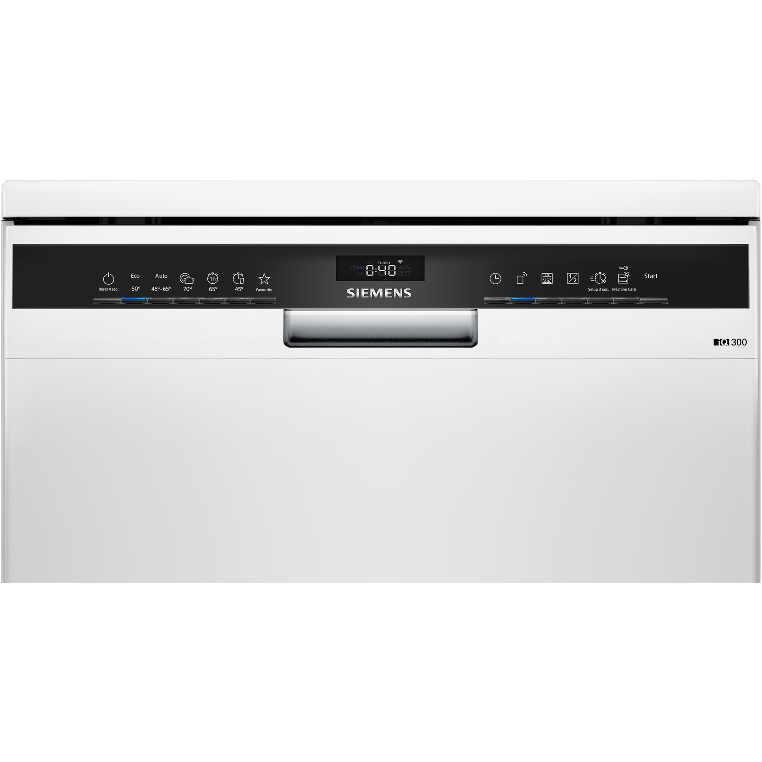 White Siemens dishwasher control panel with various icons and display.