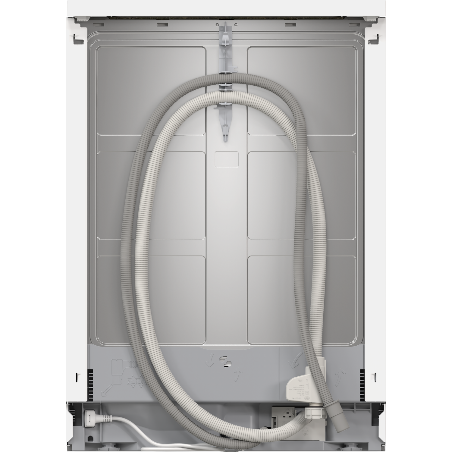 Backside of a white dishwasher with hoses and connections, on a black background.