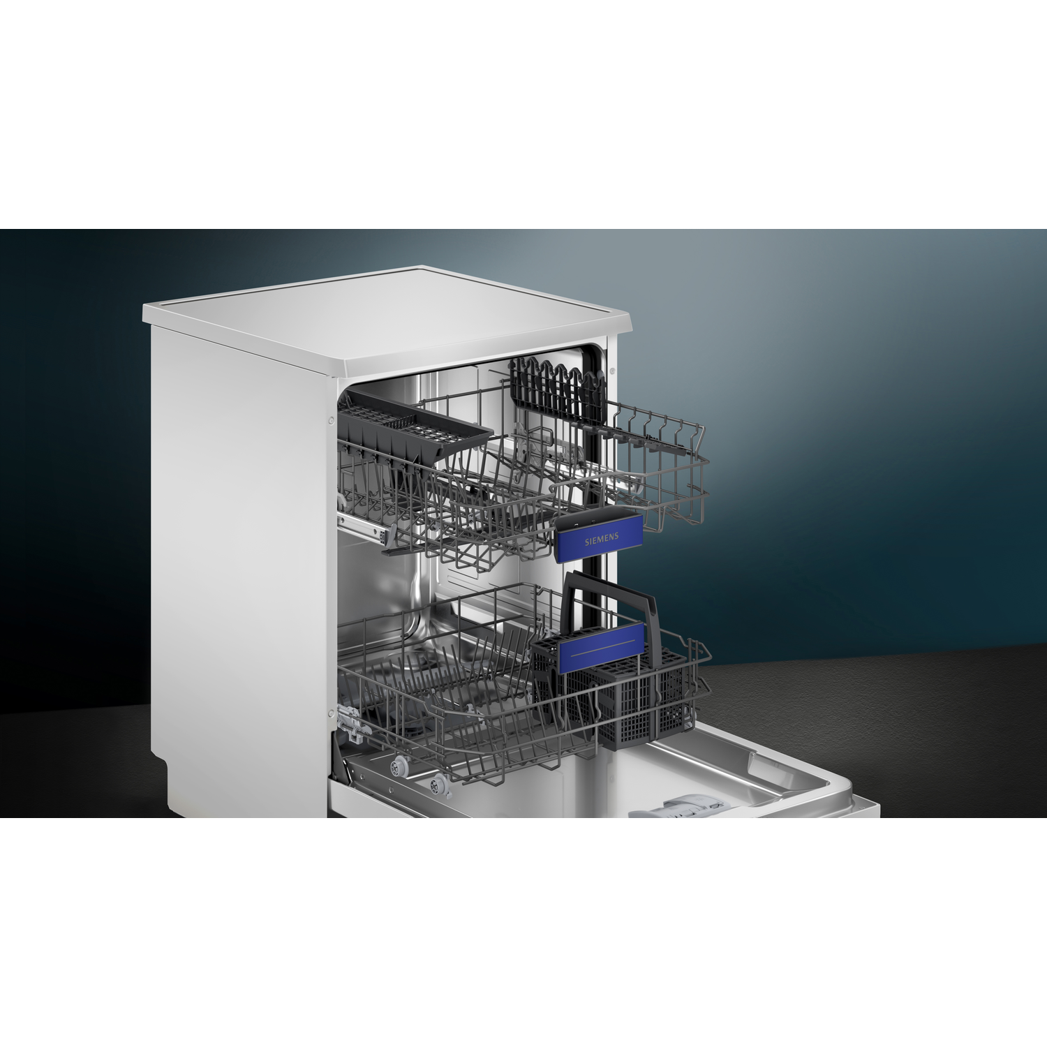 A dishwasher with open doors, showing racks and interior details.