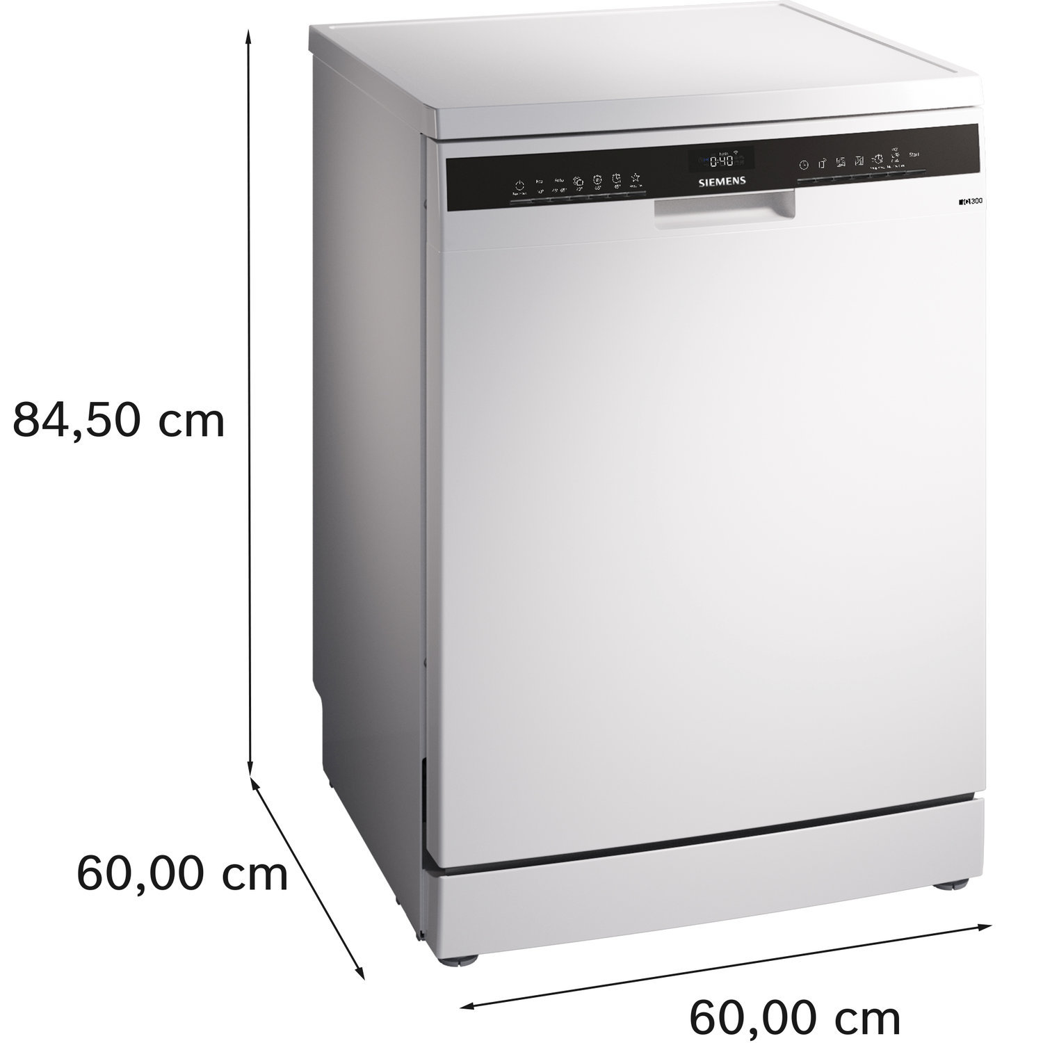 White dishwasher with dimensions labeled.