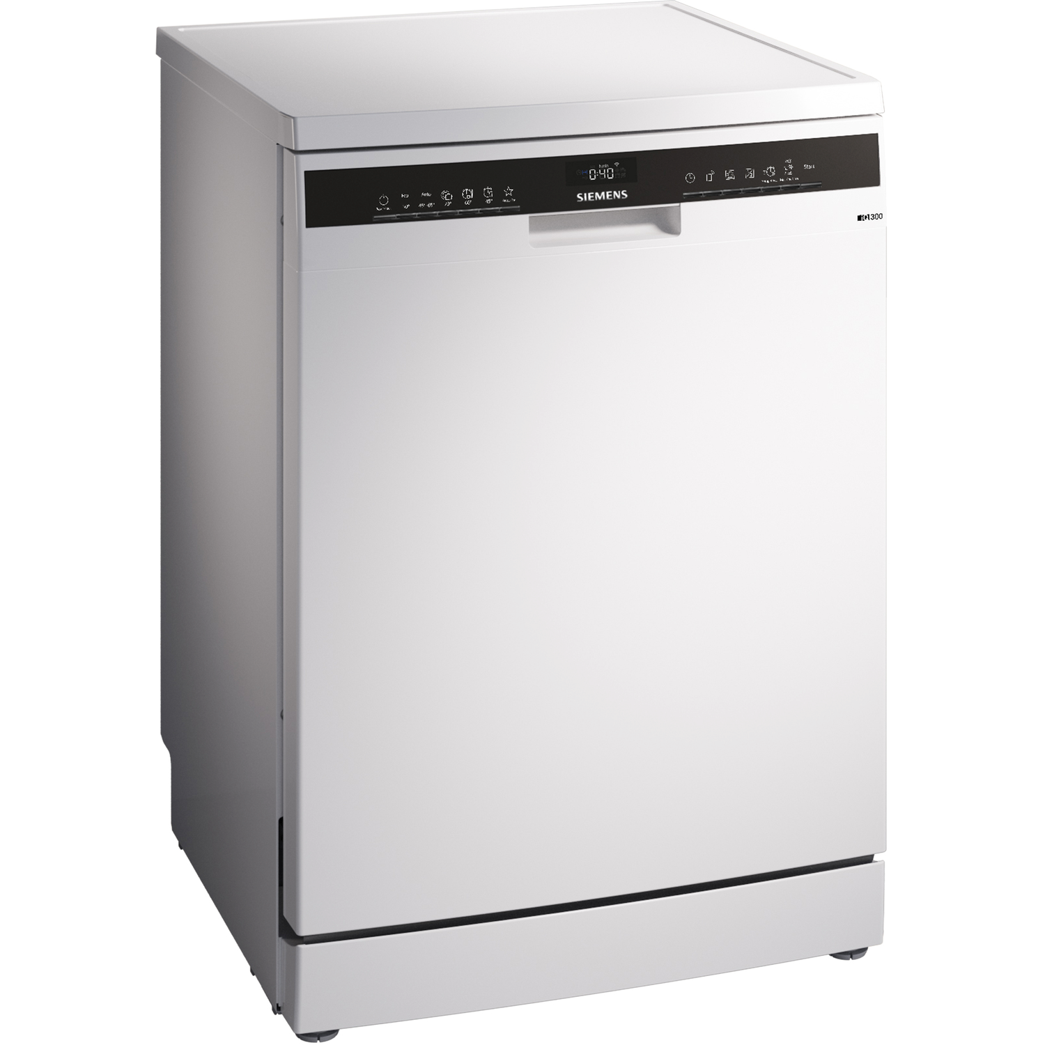 A white Siemens dishwasher. Front view, with control panel at the top and a dark background.