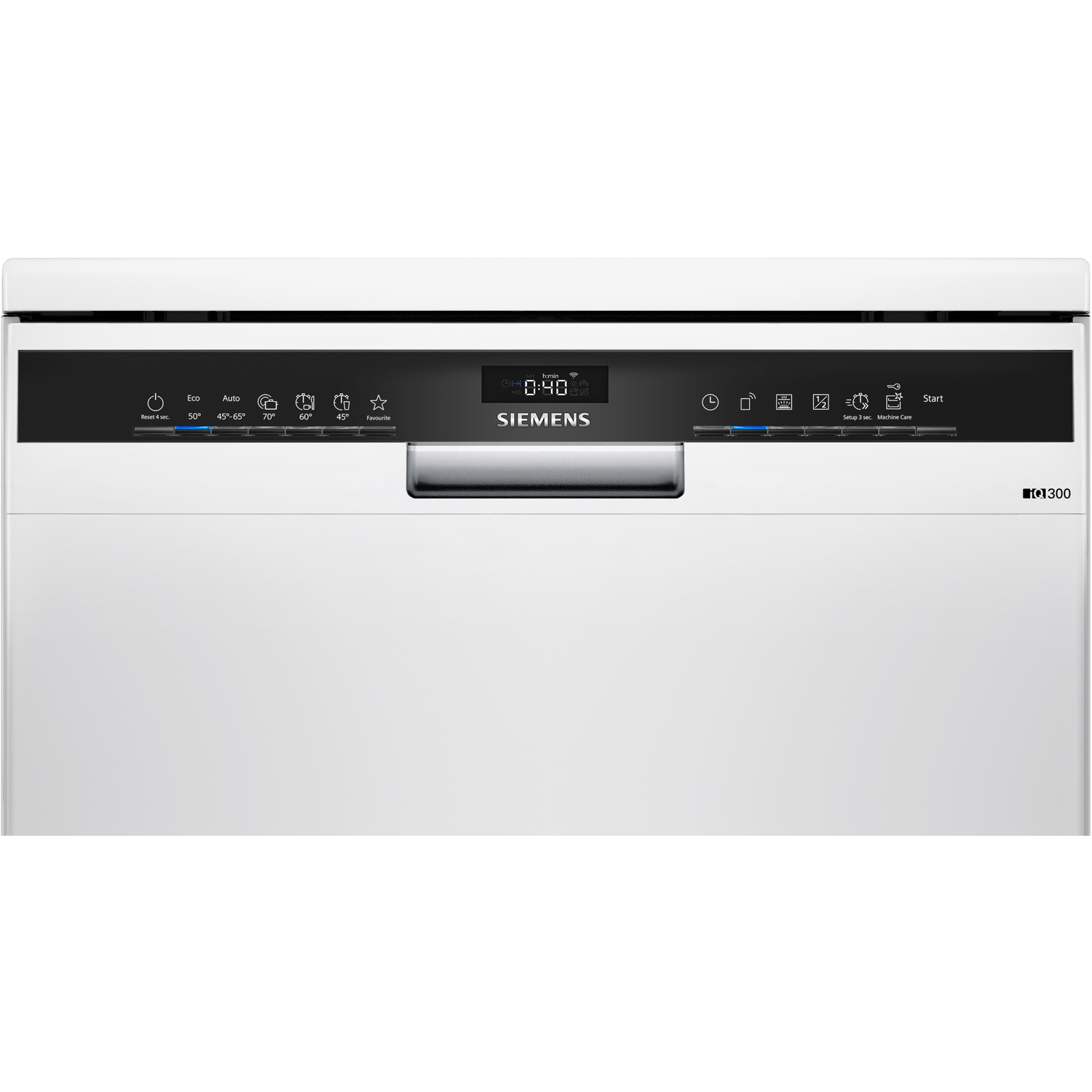 White Siemens dishwasher control panel with buttons and digital display.