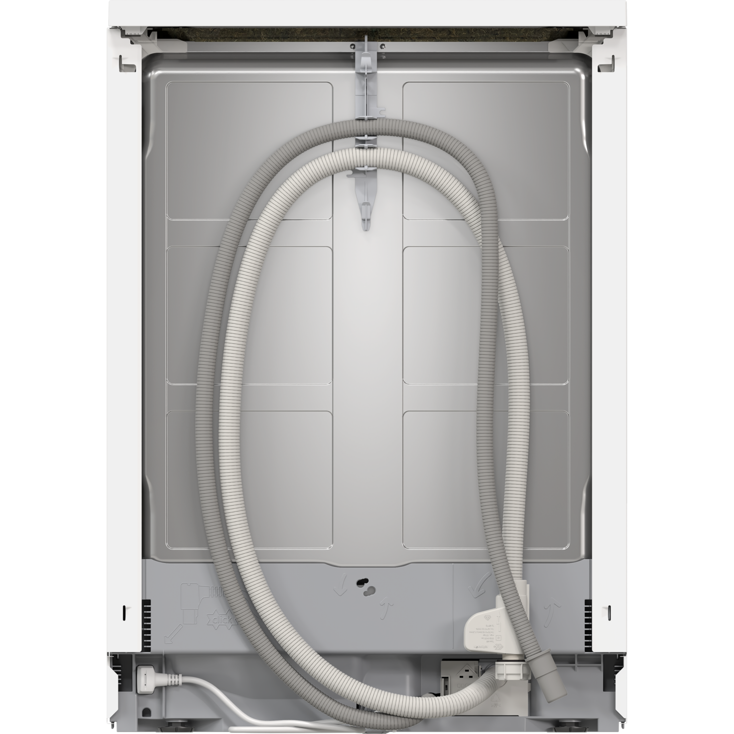 Back of a white dishwasher with hoses and components visible. Black background.
