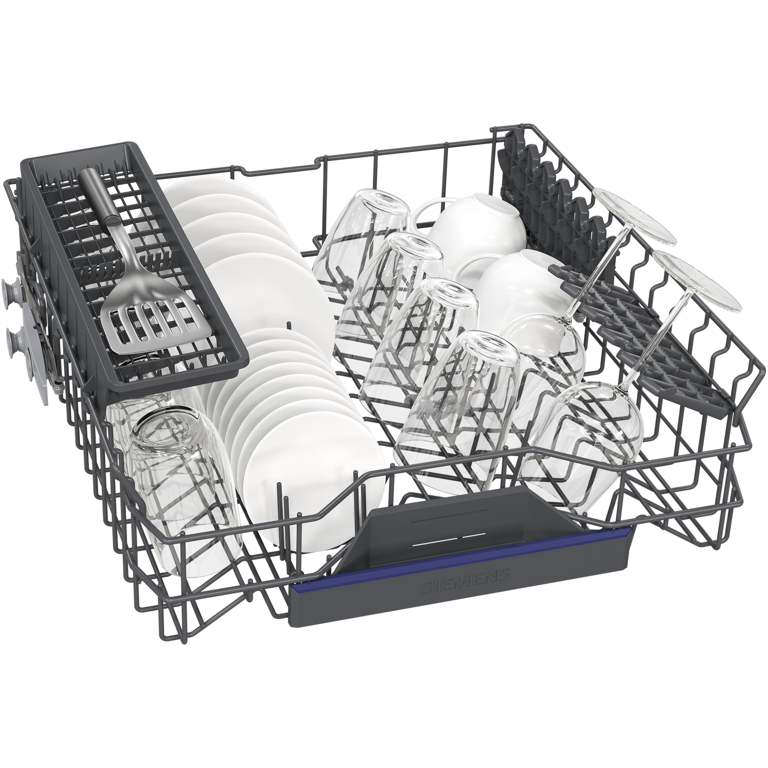 Dishwasher interior with dishes, glasses, silverware, and a dark gray interior.