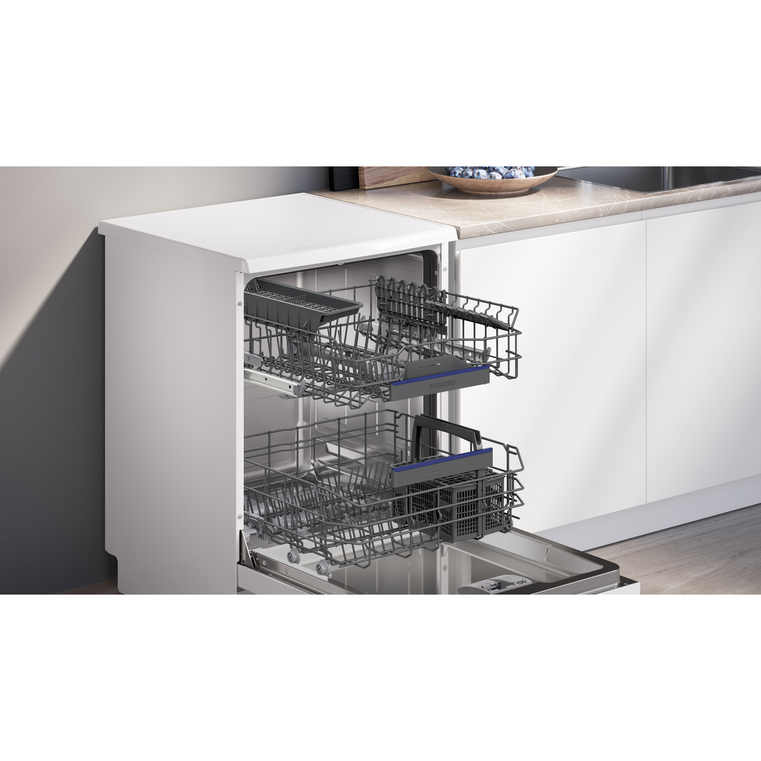 Dishwasher with open door, showing racks and interiors in a kitchen setting.