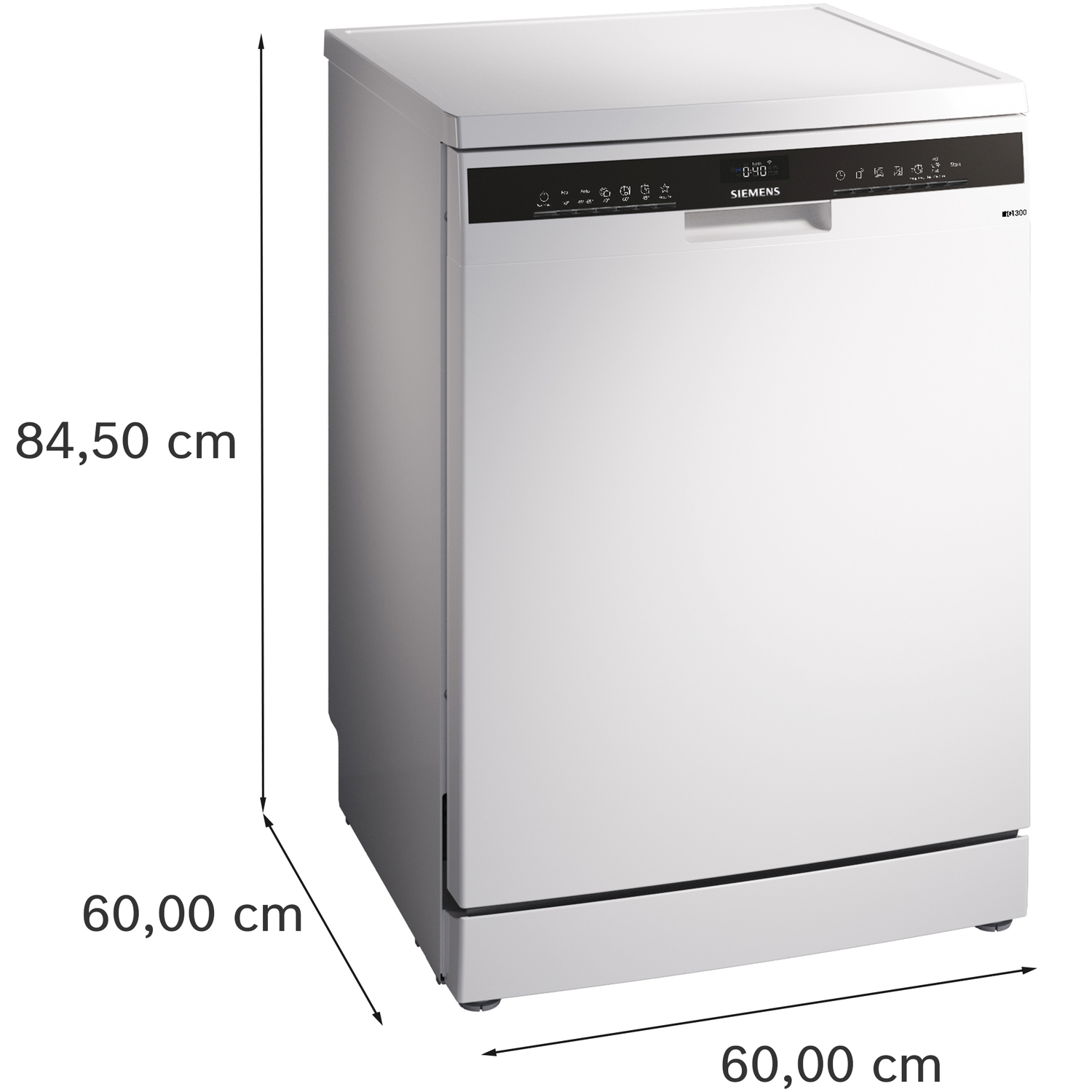 A white Siemens dishwasher with dimensions in cm.