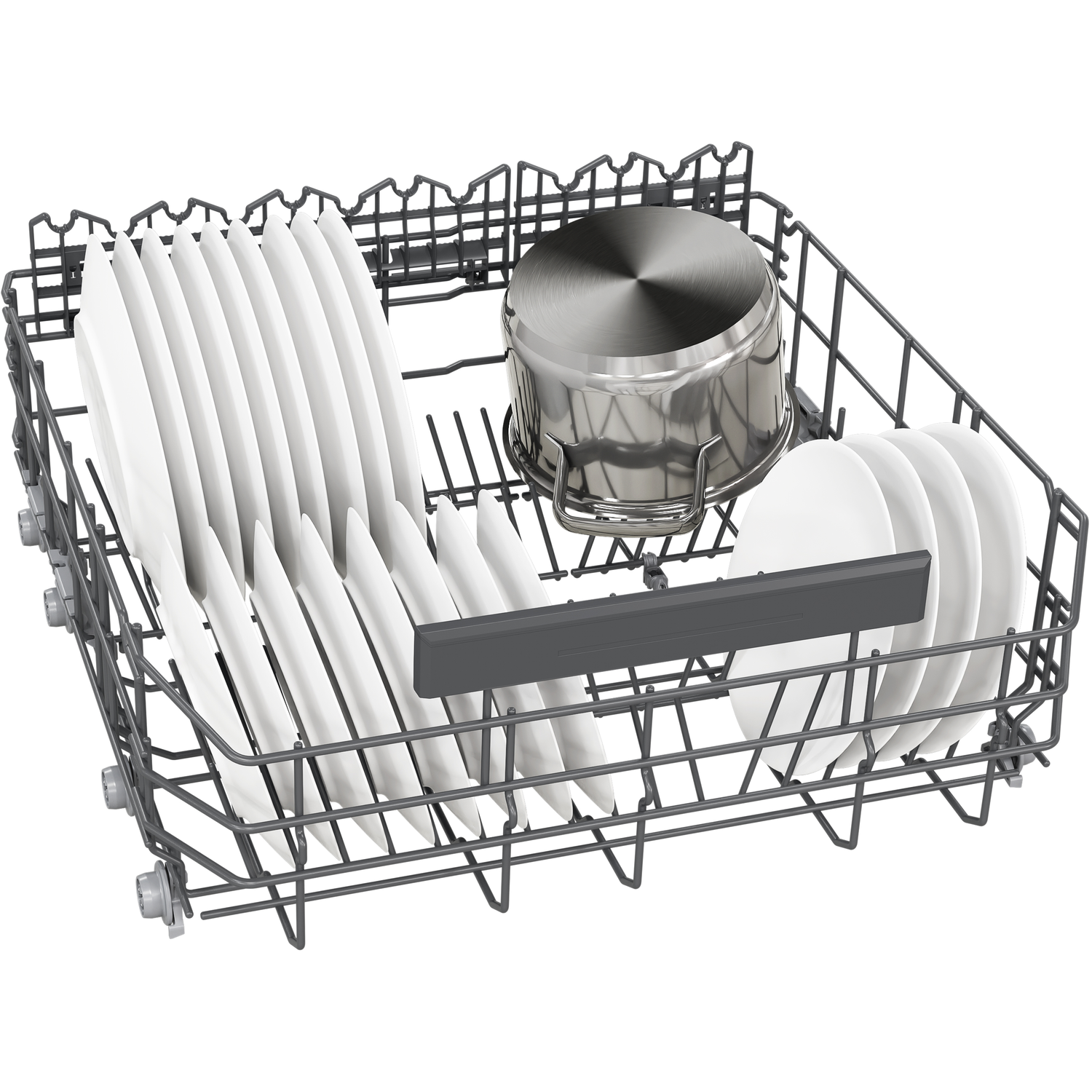 A dishwasher rack filled with white plates and a metal pot.