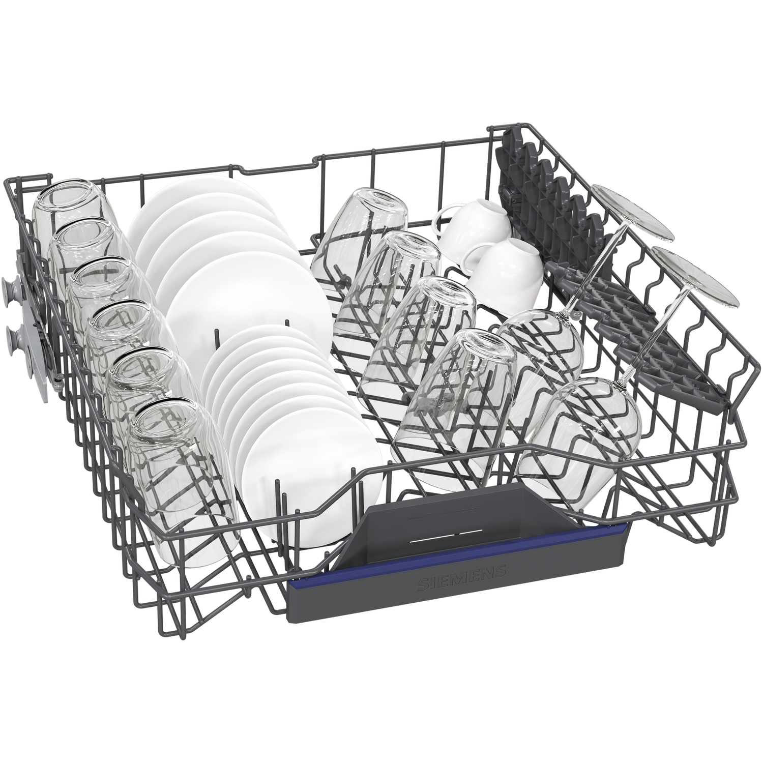 Dishwasher interior with glasses, plates, and utensils. It has a dark gray metal frame.