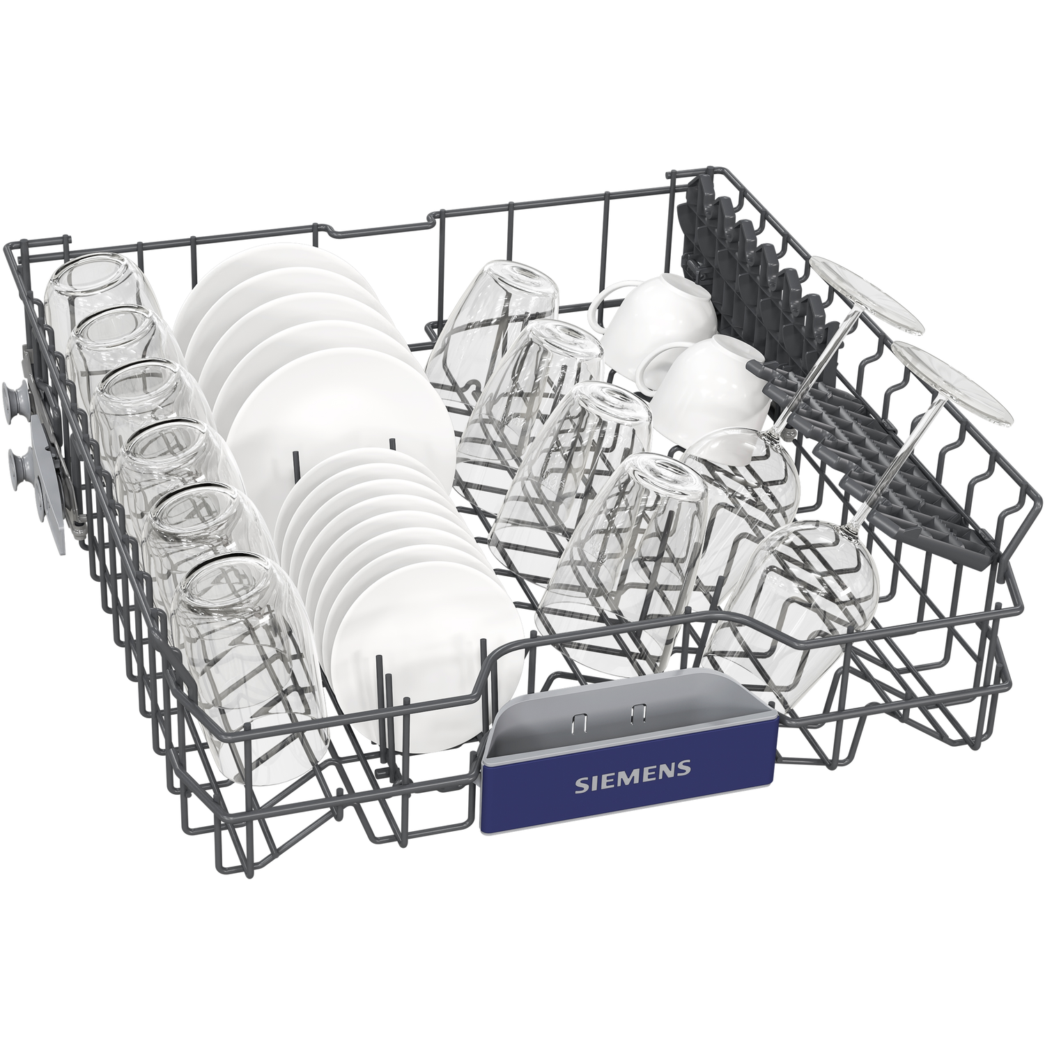 Dishwasher basket with plates, glasses, and cups inside. Siemens brand visible.