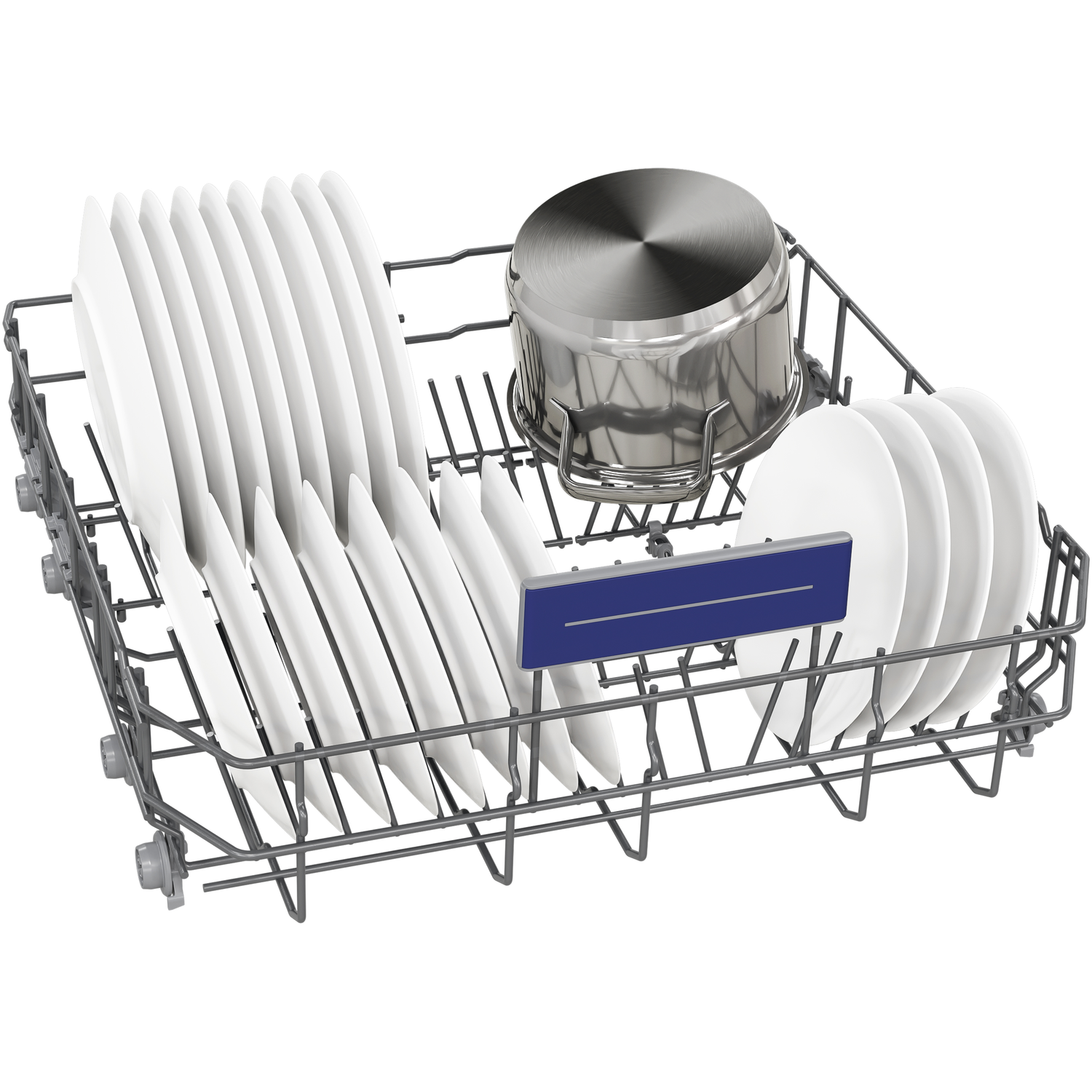 Dishwasher rack with plates and a pot. The rack is metallic and empty.