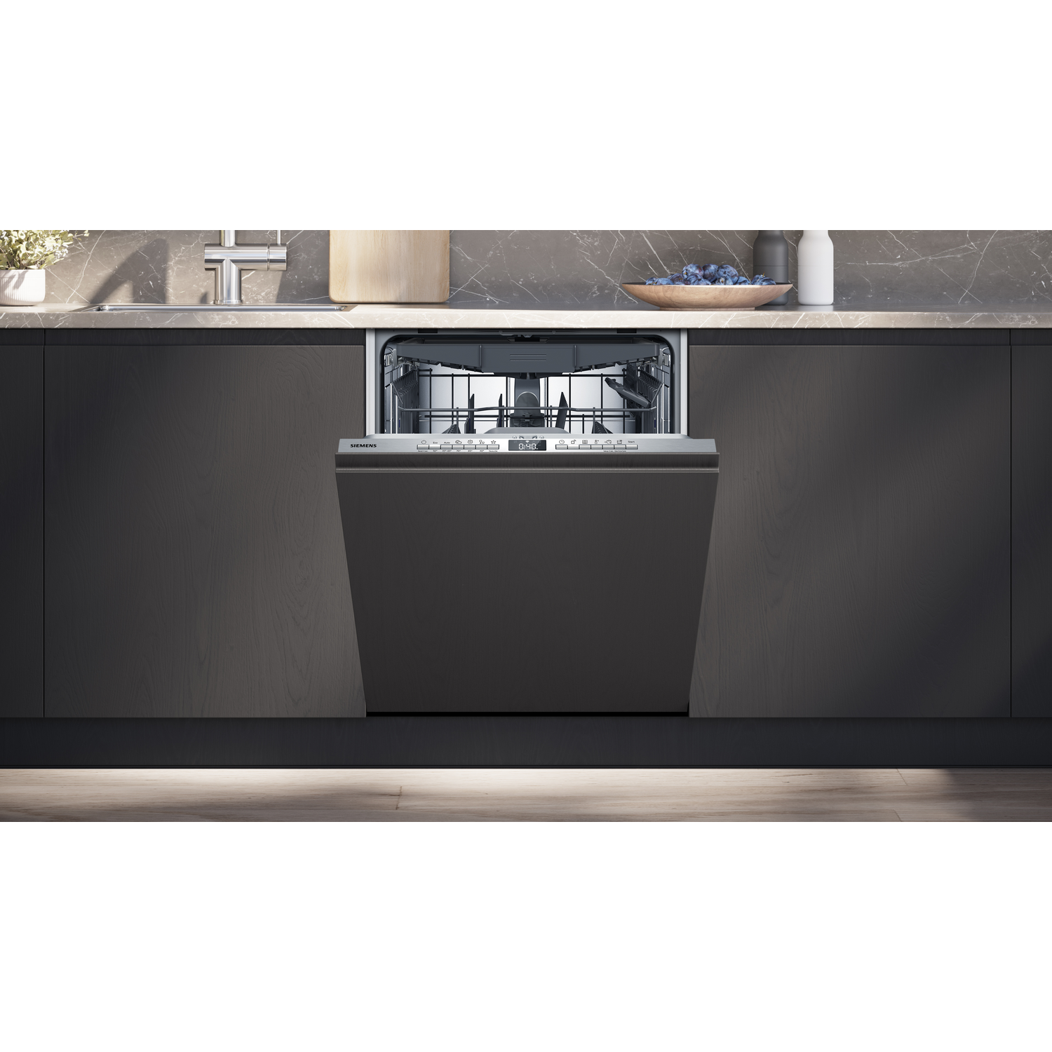 A modern dishwasher with an open door, showing racks and interior, set in a kitchen.