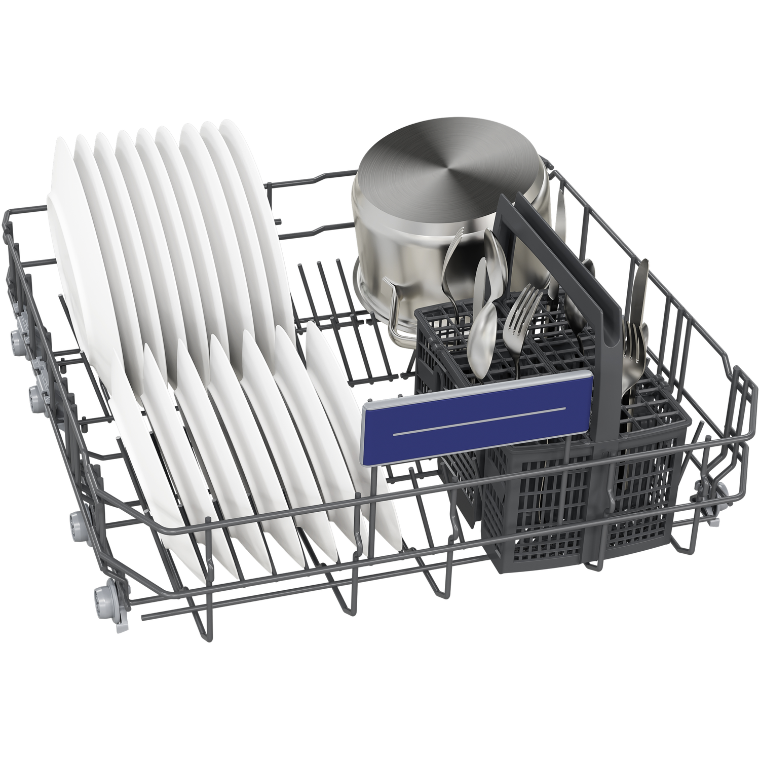 Dishwasher basket with dishes, utensils, and a pot inside, on a white background.
