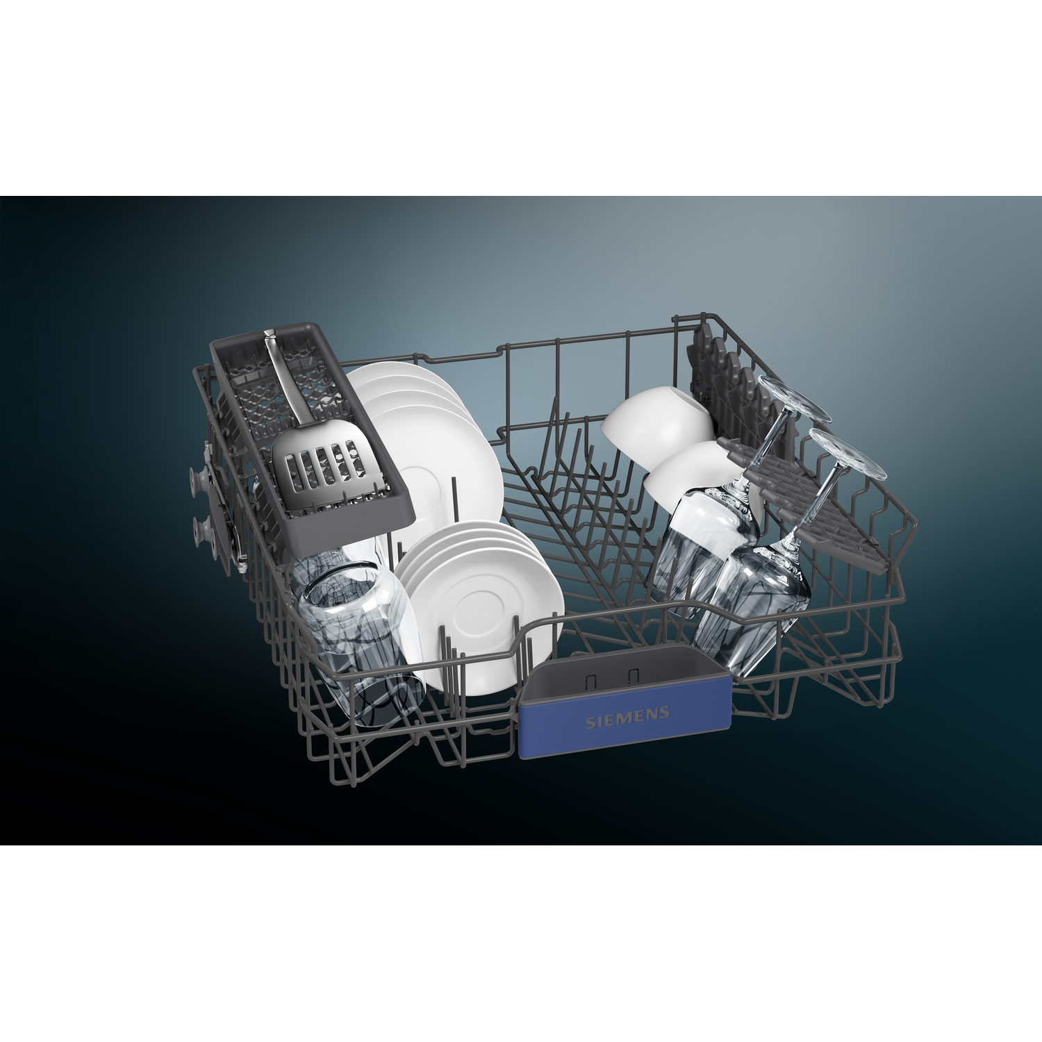 Dishwasher rack with glasses, plates, and utensils.