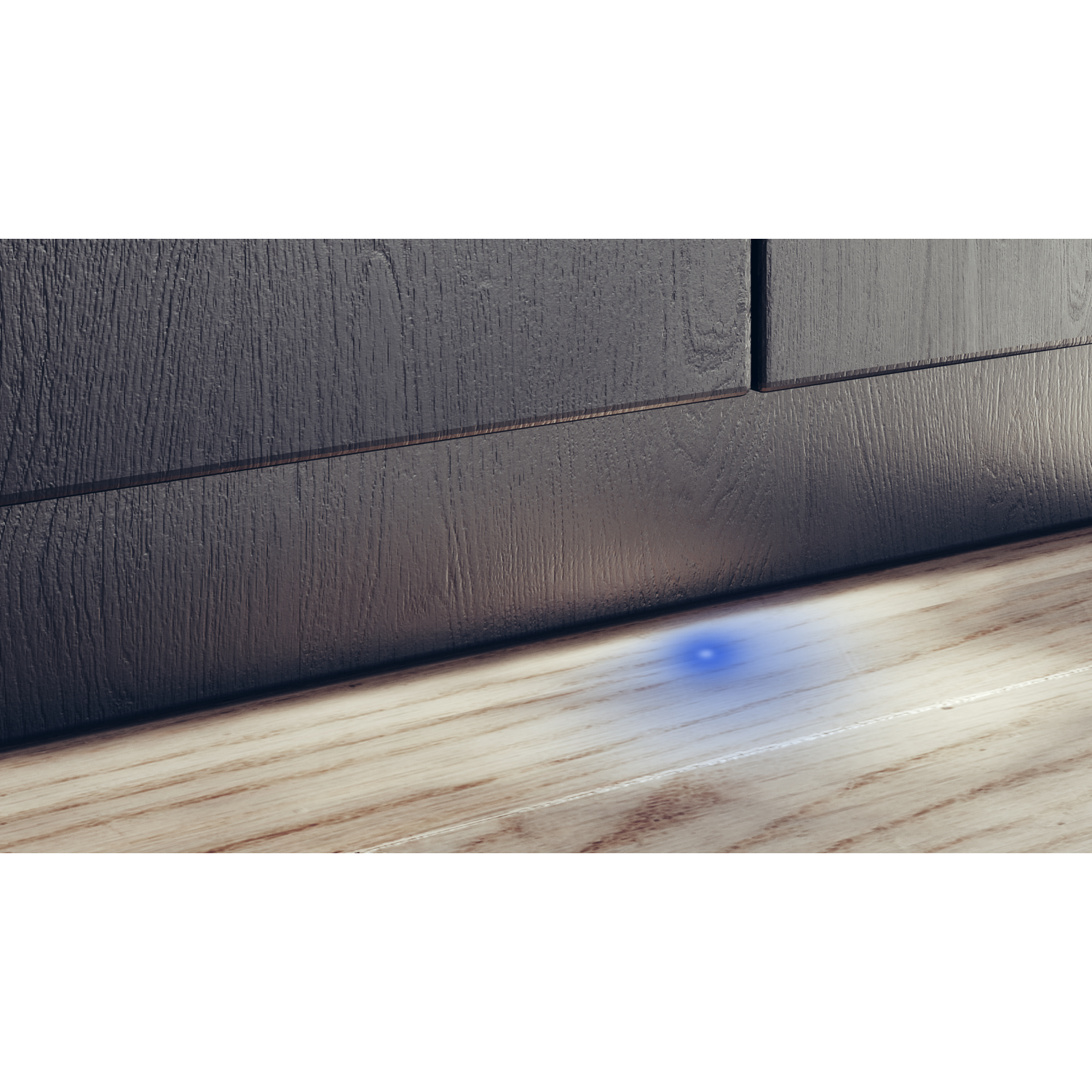Wood floor with dark wood panel and a blue light on the floor.