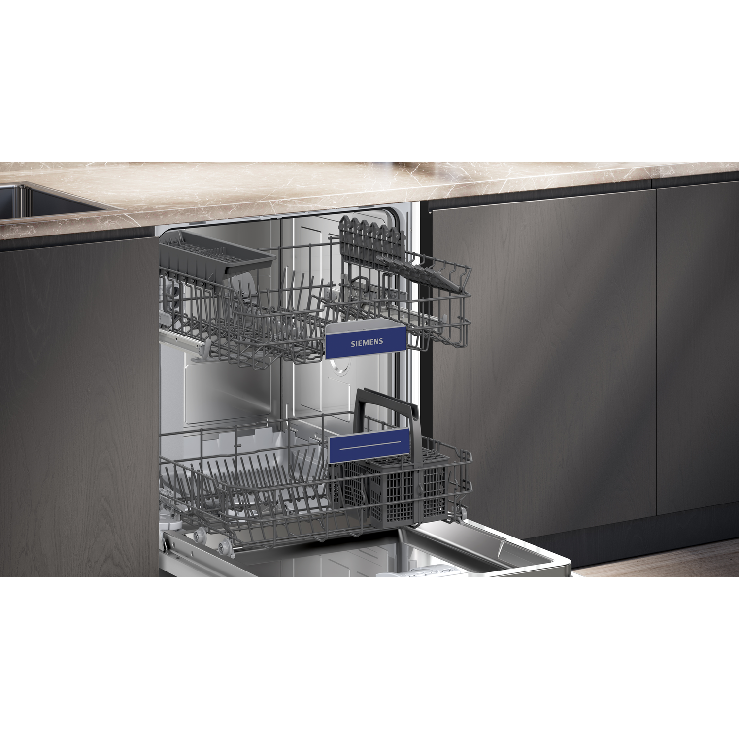 Dishwasher interior with racks. Dark gray and blue labels inside. Black background.