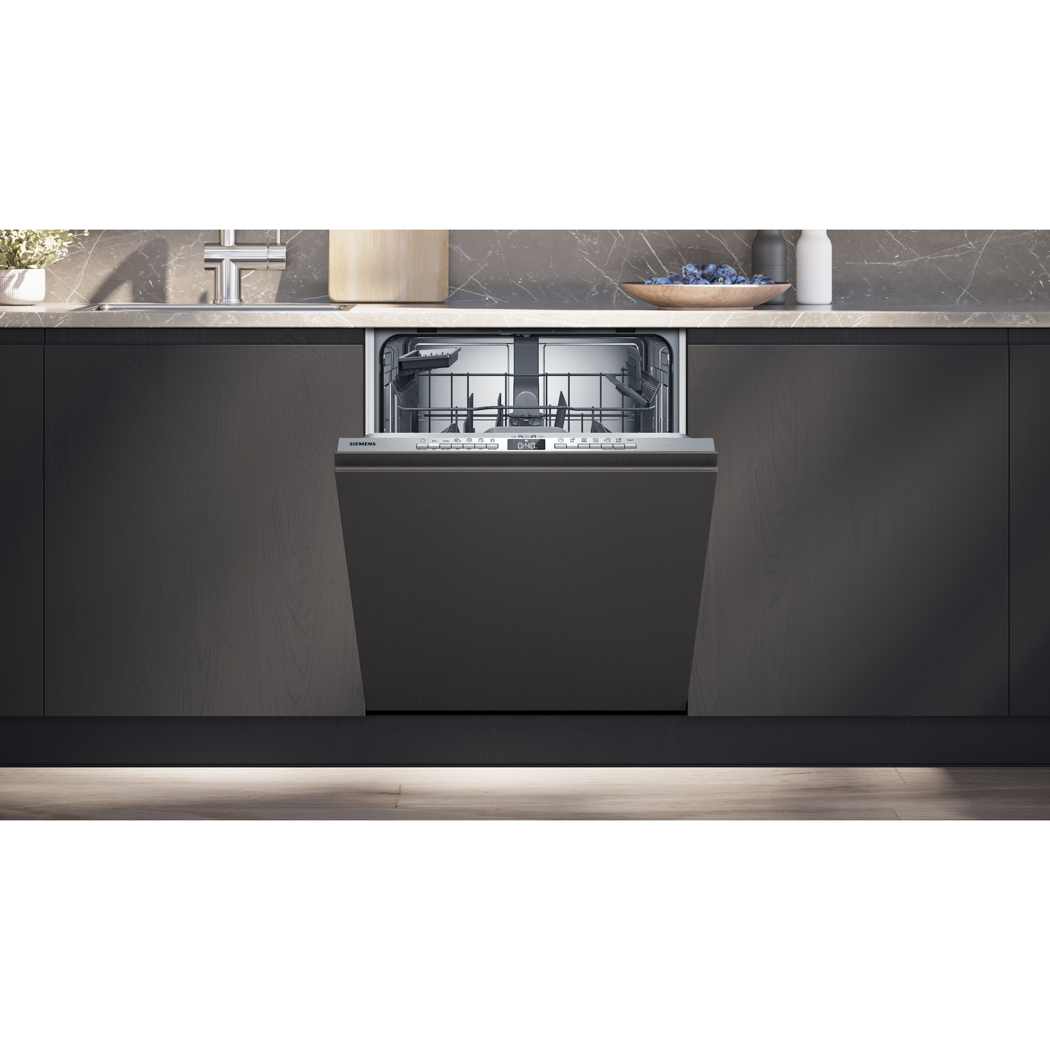 Open dishwasher. Black doors and gray interior. Kitchen setting.