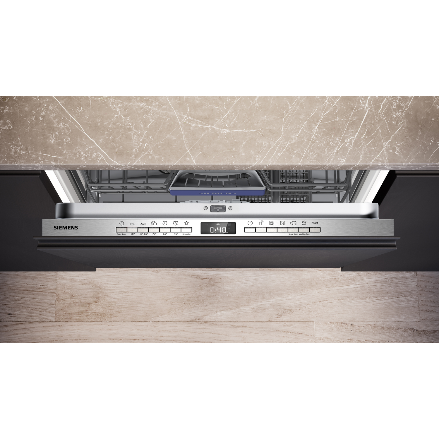 Dishwasher, open, stainless steel, timer, and control panel visible.