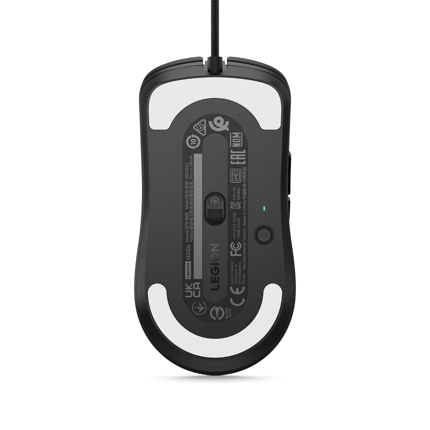 Gaming mouse, bottom view, black with white pads and Lenovo Legion branding.