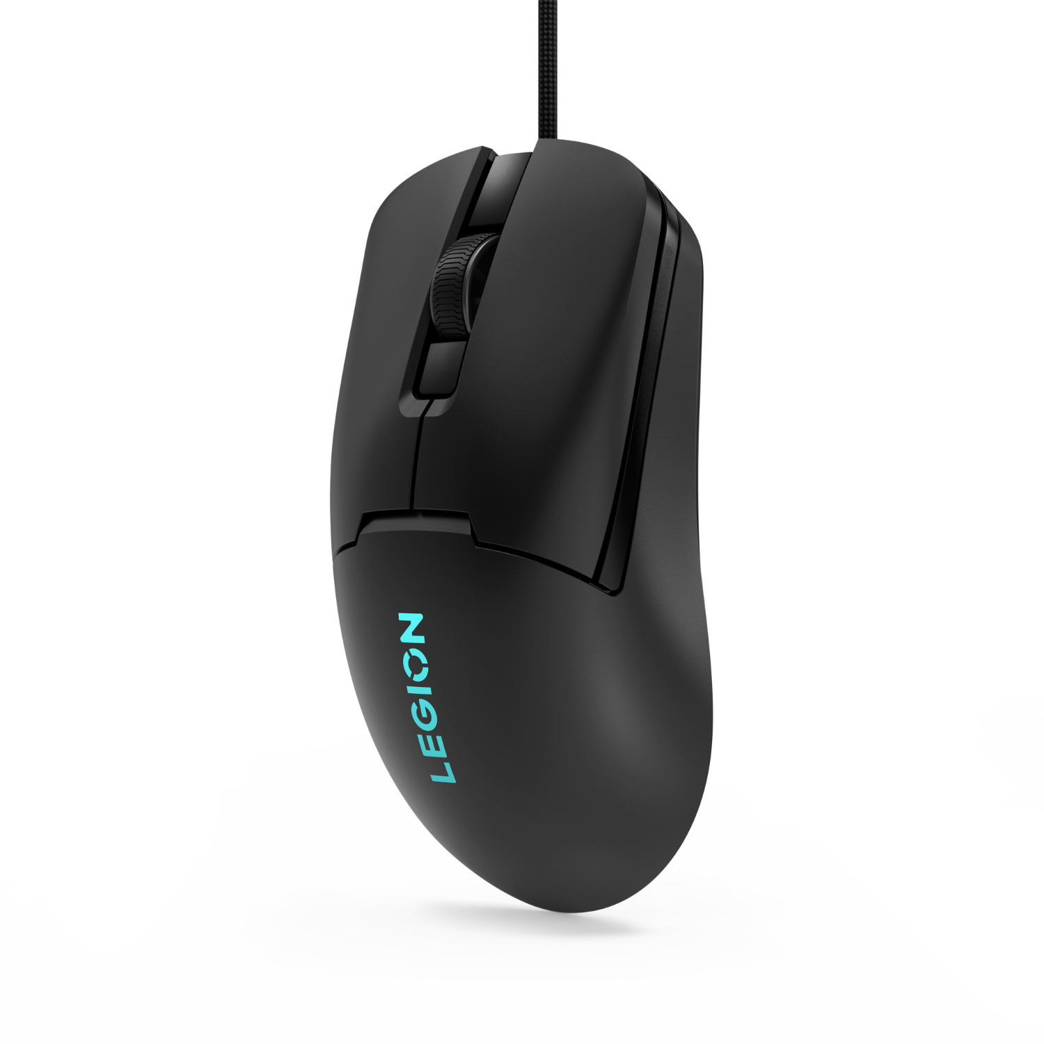 A black gaming mouse with the word LEGION in blue on its side. It is hanging against a white background.