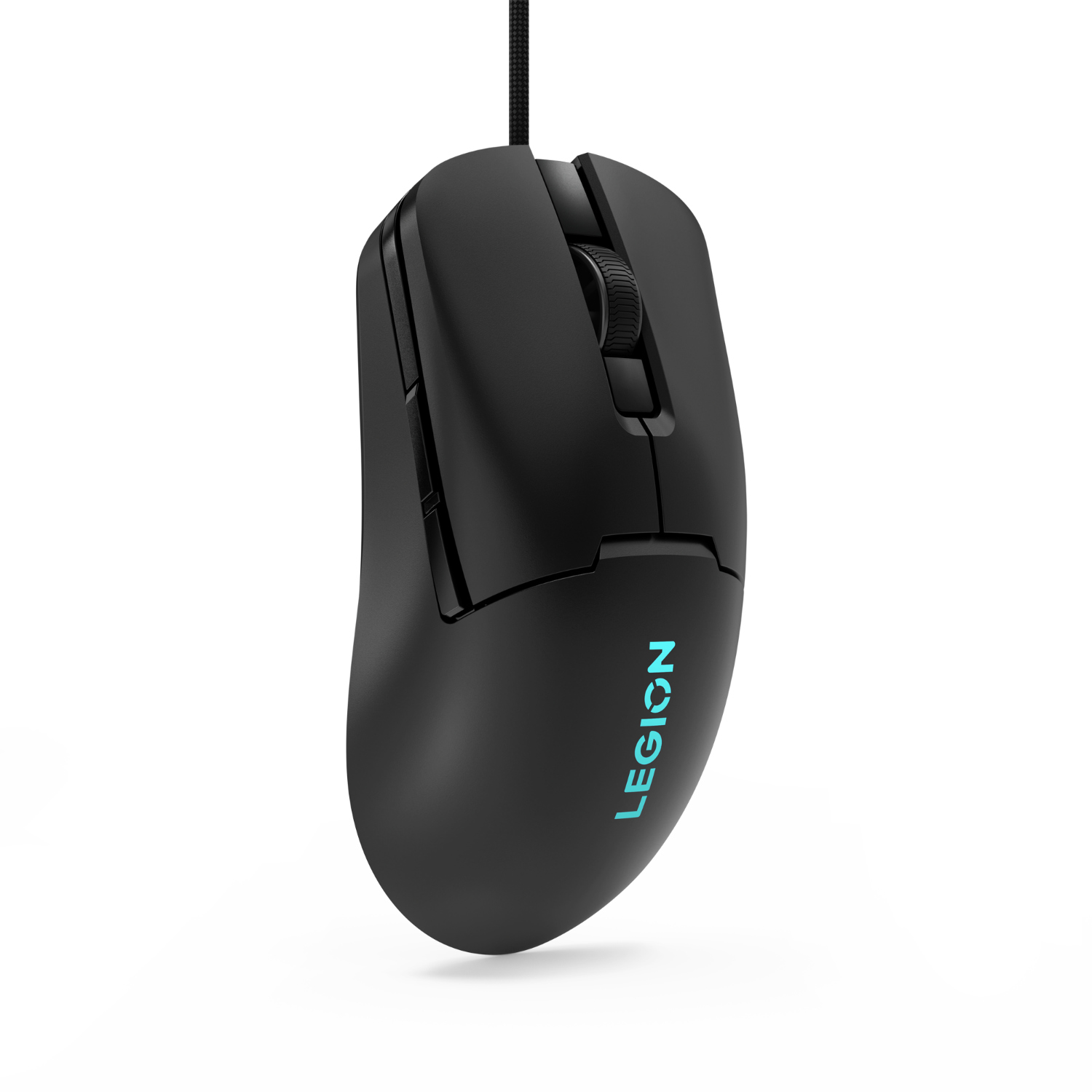 A black gaming mouse with a blue light on the side and a Legion logo.