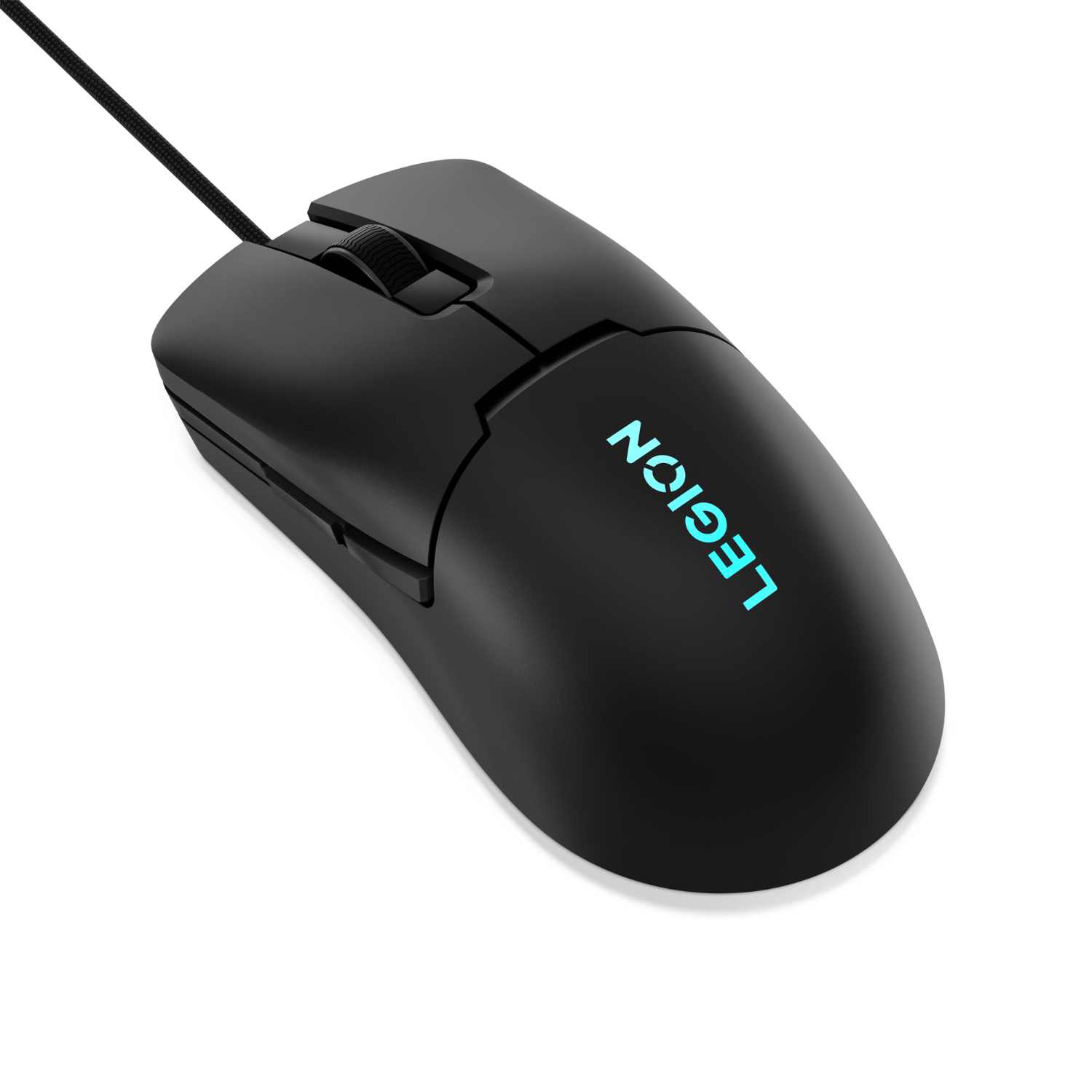 Black gaming mouse with the word 'LEGION' in blue. It has a scroll wheel and a wired connection on a white background.
