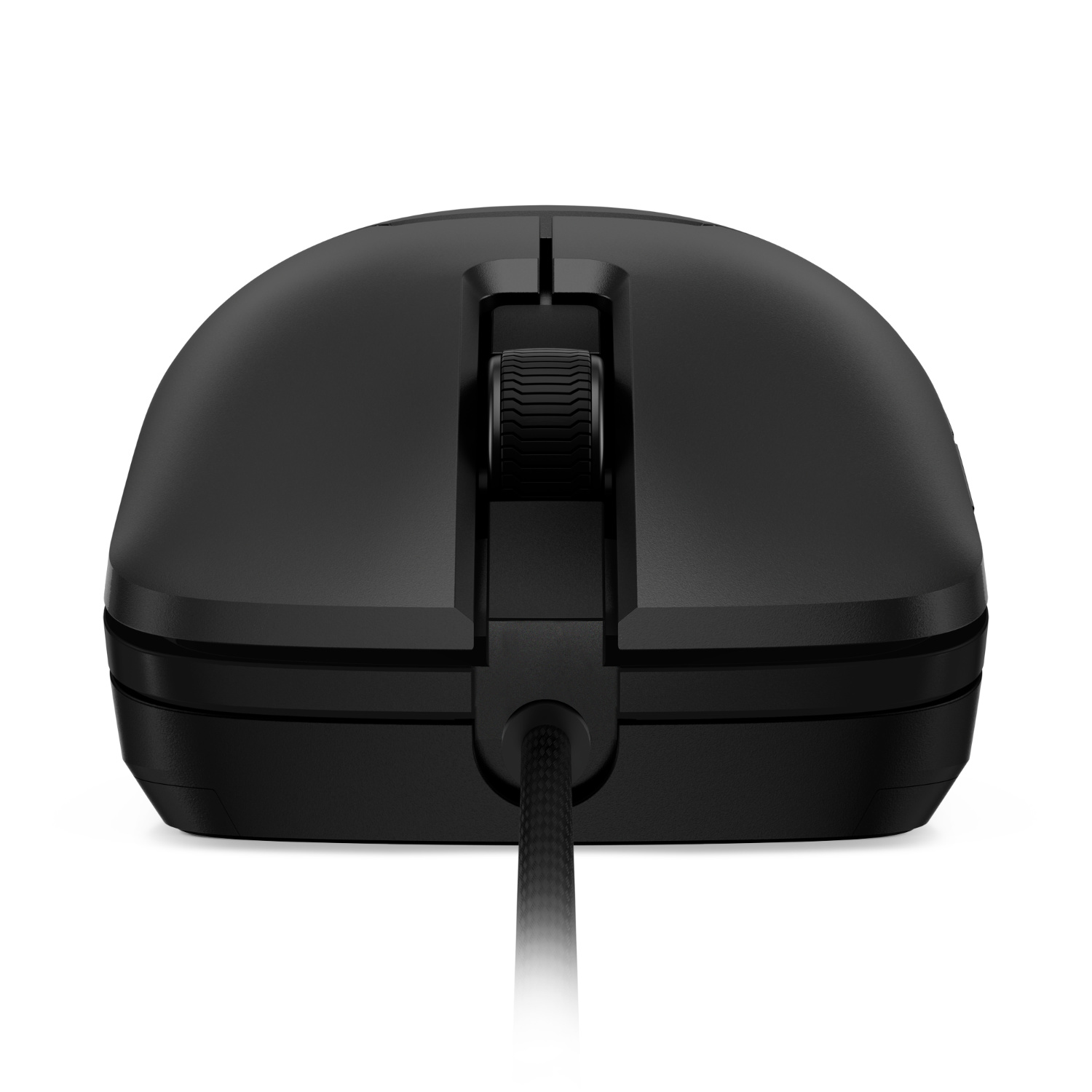 Black computer mouse with a scroll wheel and a cable, viewed from the front on a white background.