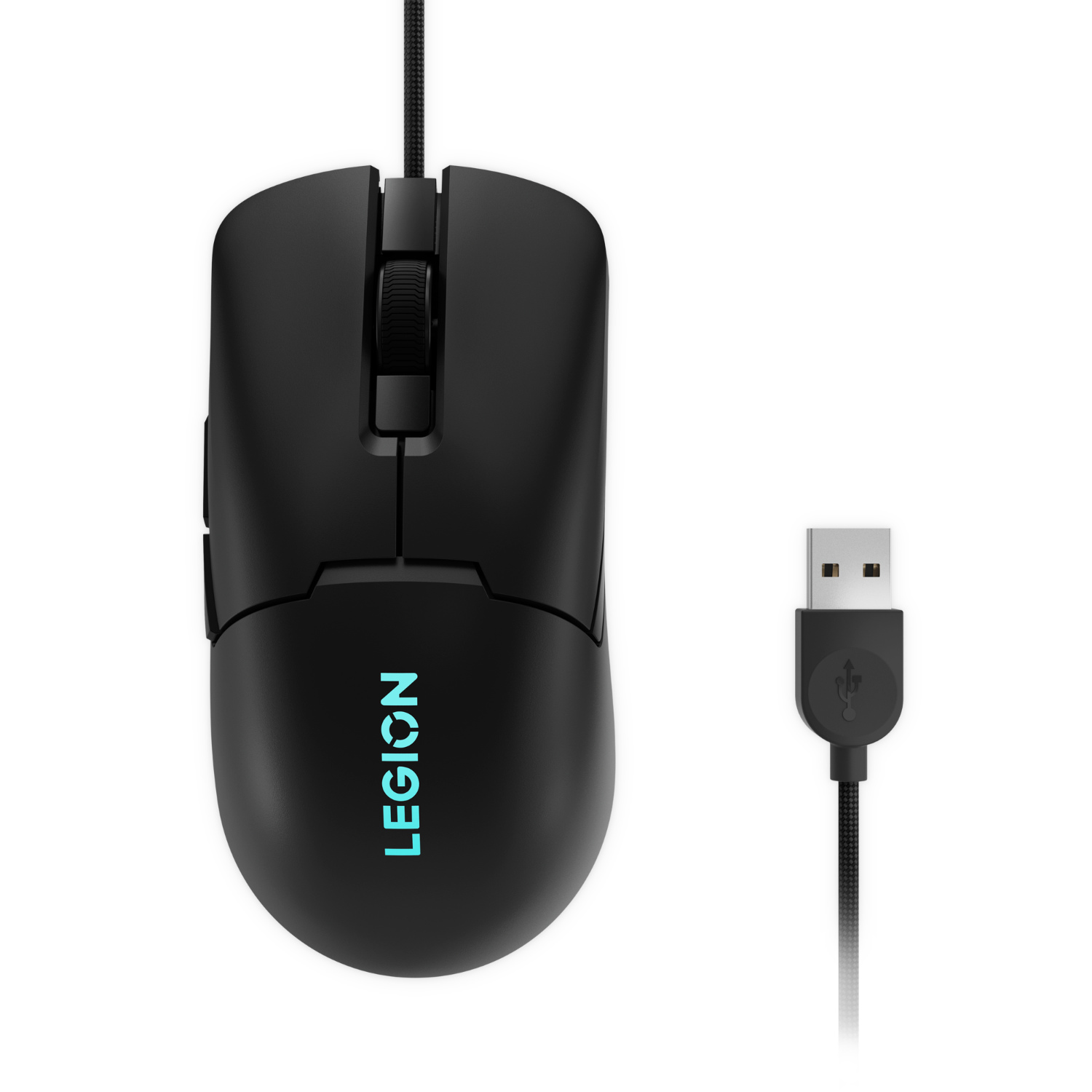 Black gaming mouse with a cable and the word LEGION in blue.