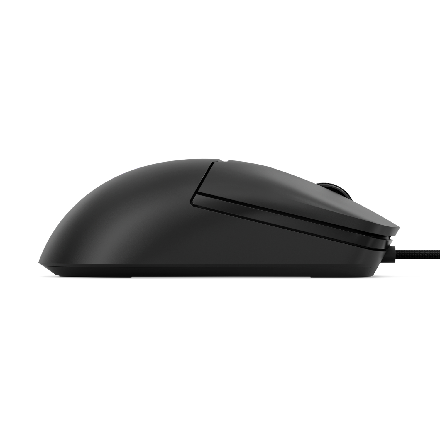 Black computer mouse with a simple design, smooth curves, and a wired connection on a white background.