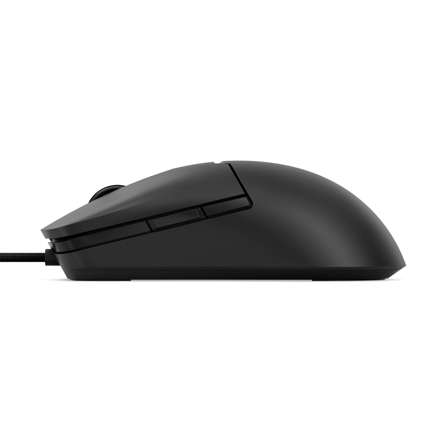 Black computer mouse with a cord, side view, on a white background.