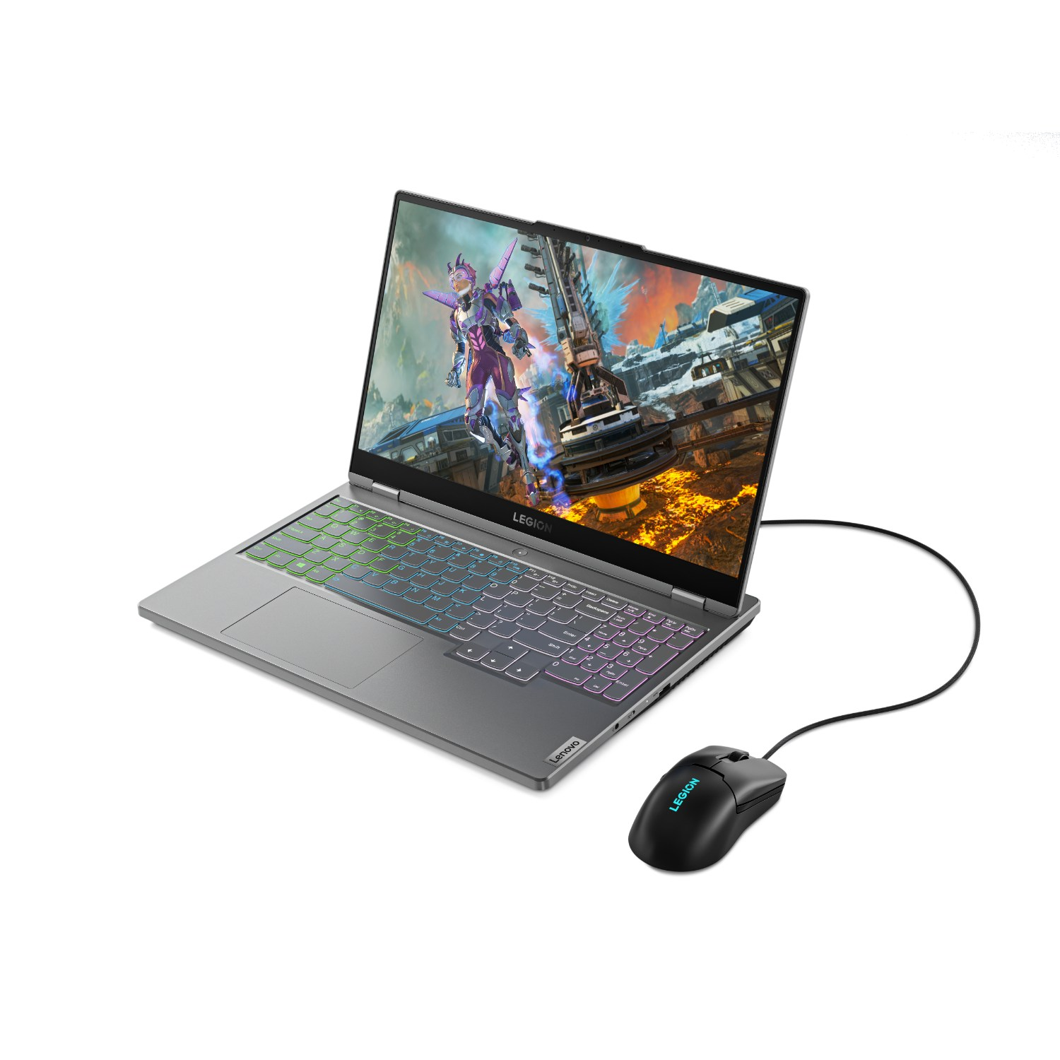 A gray laptop with a colorful keyboard and a black mouse with a Lenovo logo.