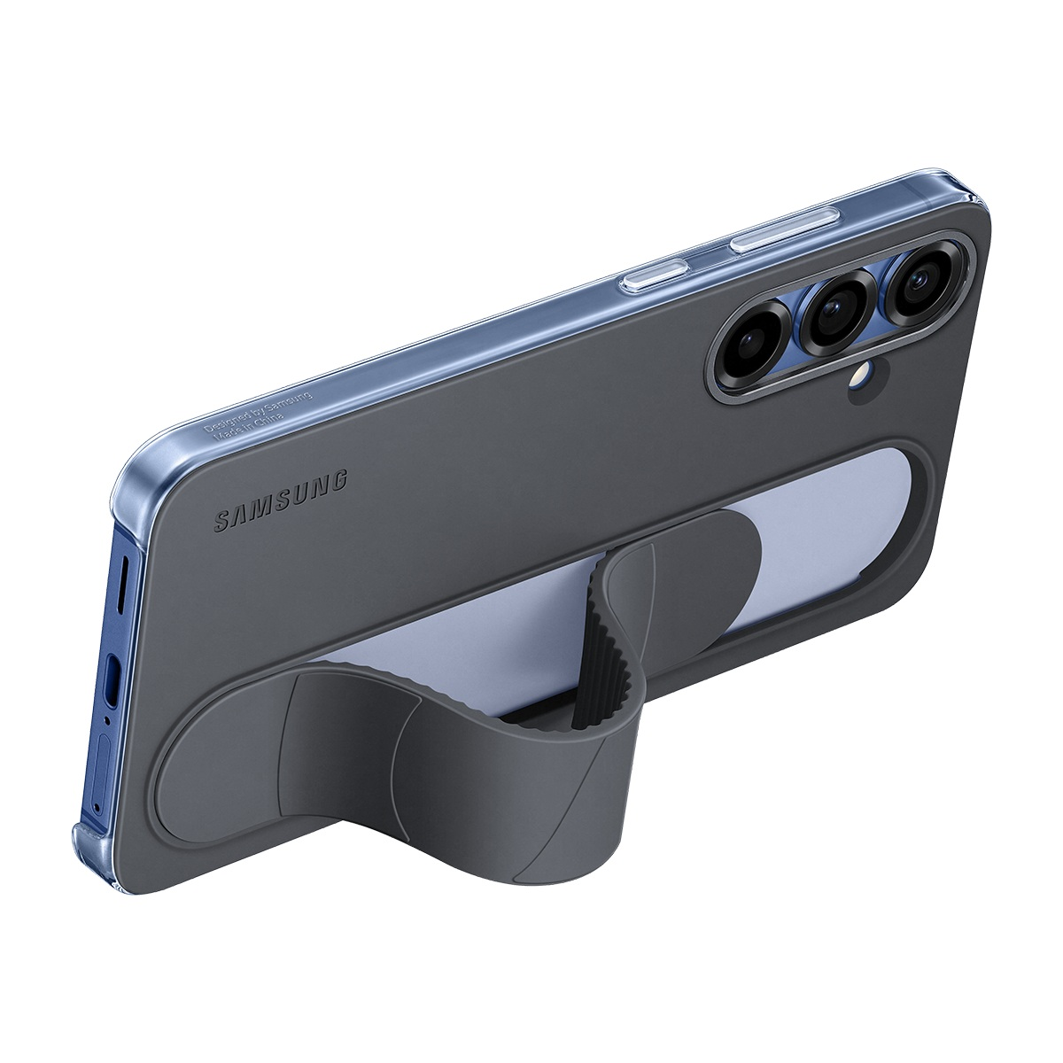 Bir standa sahip gri bir telefon kılıfı ve beyaz bir arka plan üzerinde koyu mavi bir telefon.