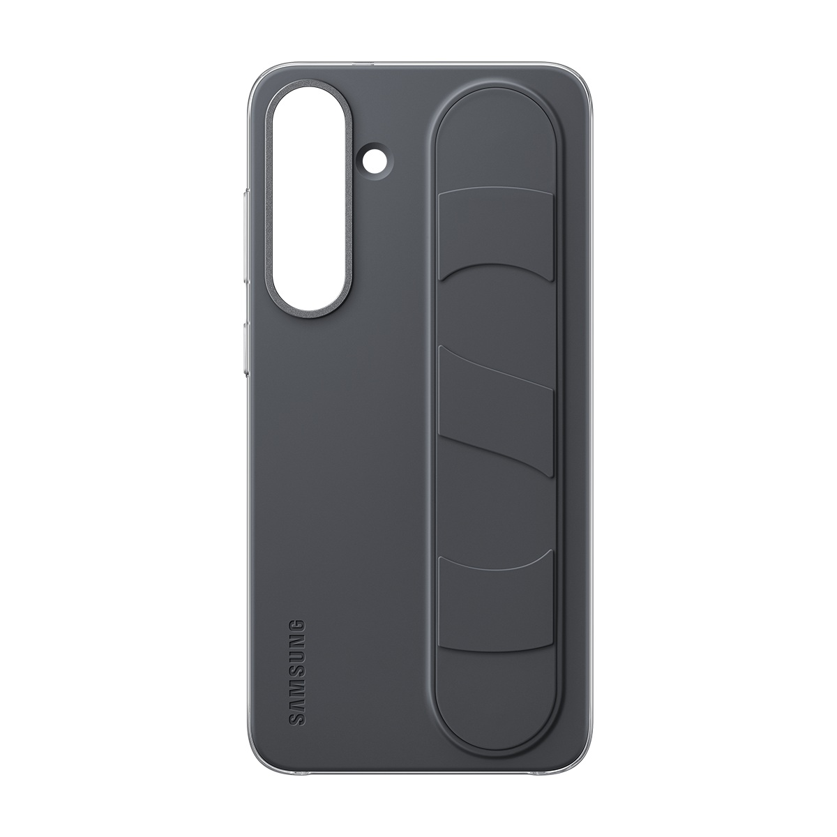 Koyu gri telefon kılıfı. Telefon kılıfında kamera için bir kesik var.