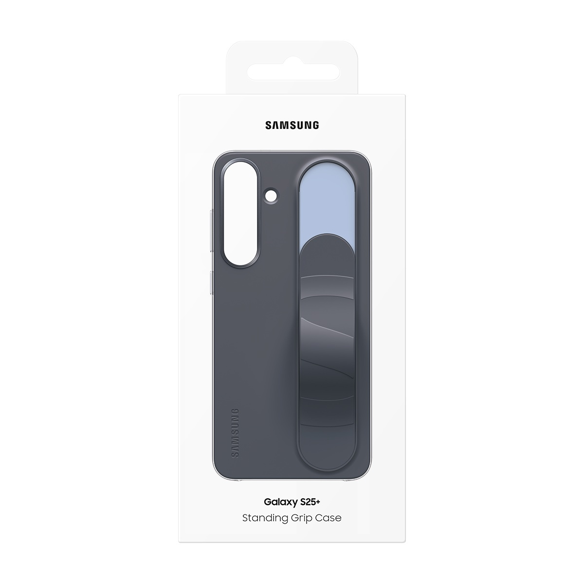 Ambalajında Samsung telefon kılıfı. Kavramalı koyu gri kılıf, açık mavi kavrama.