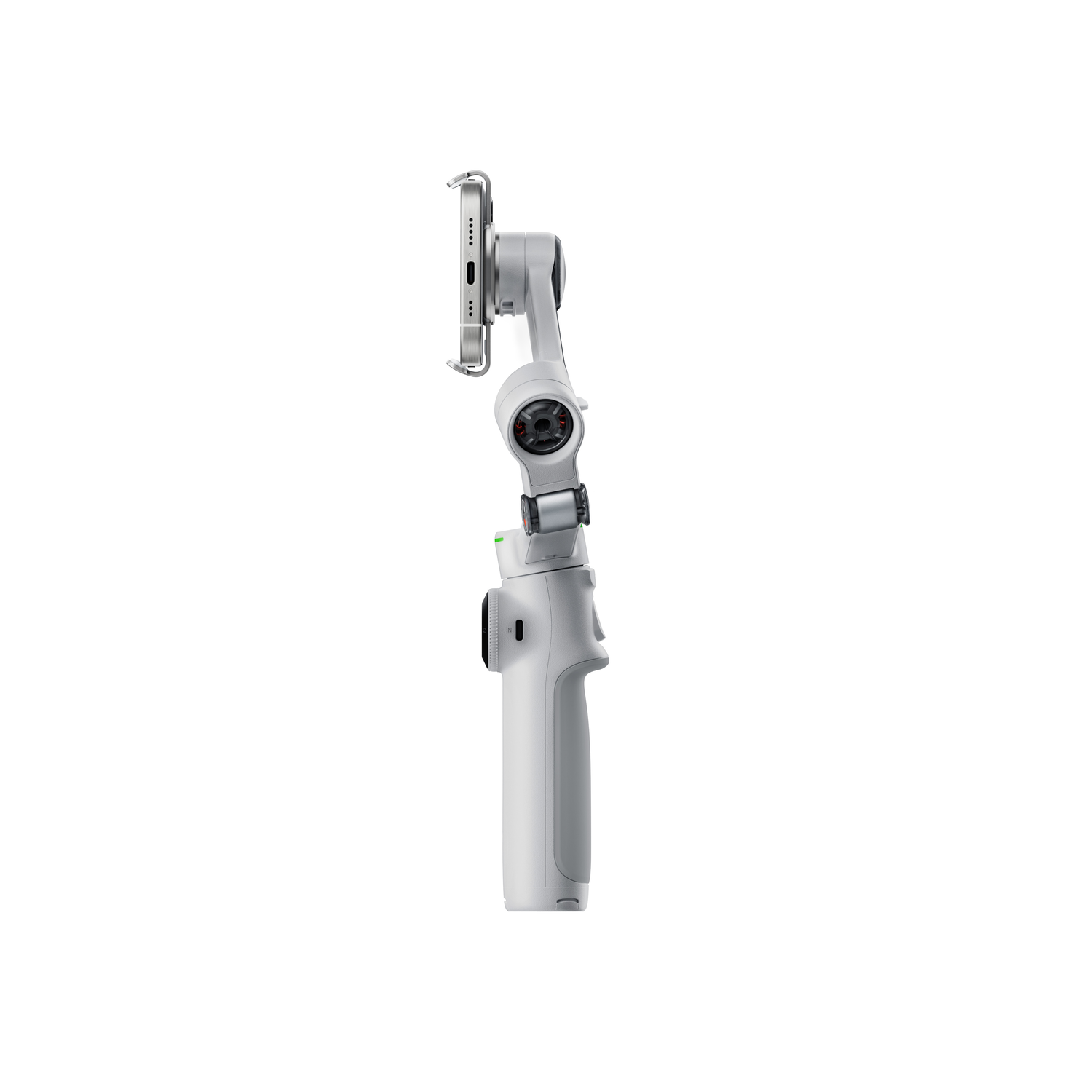 White handheld phone stabilizer with a phone attached. It is tilted and has a handle.
