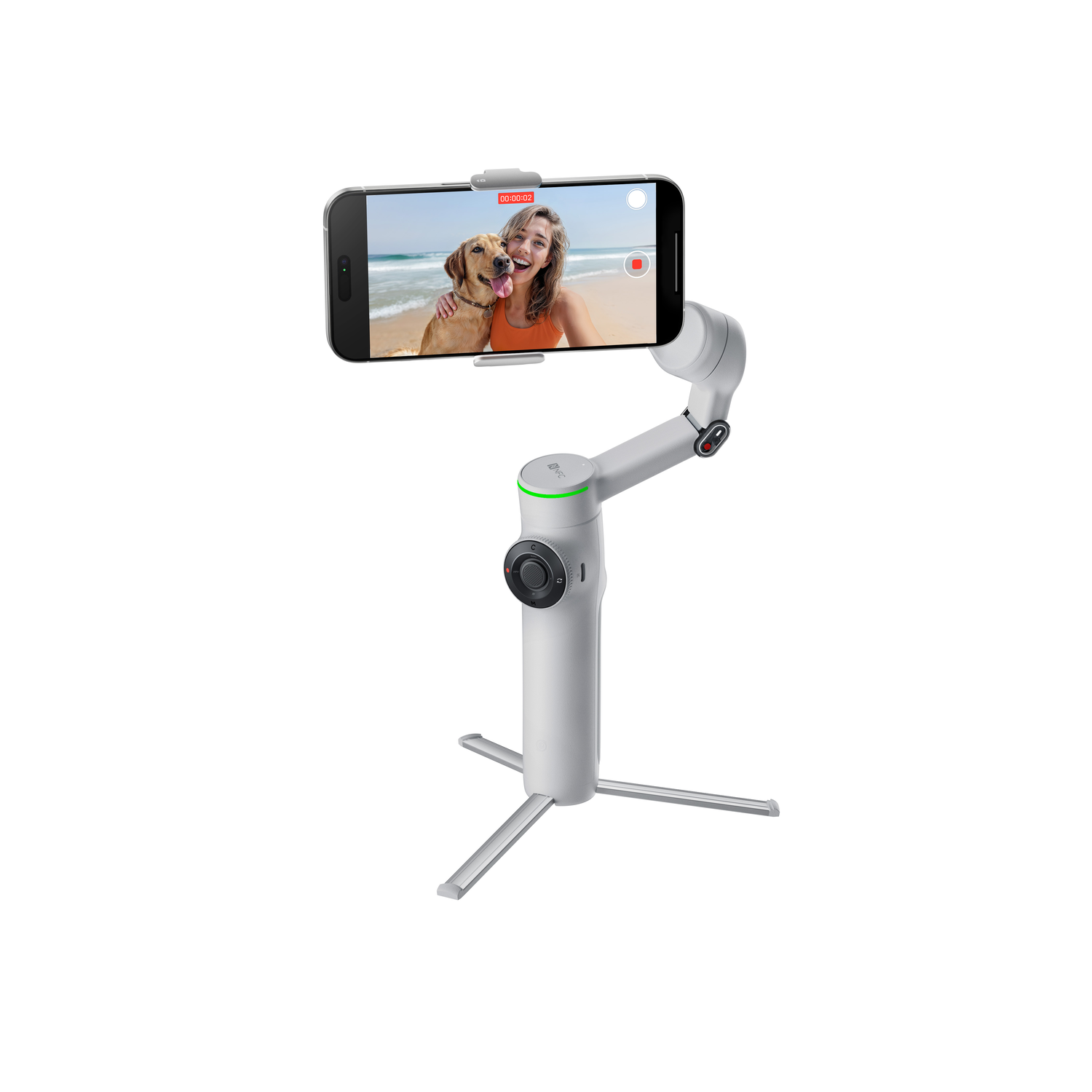 A white phone stabilizer holding a phone that is showing a person and a dog.