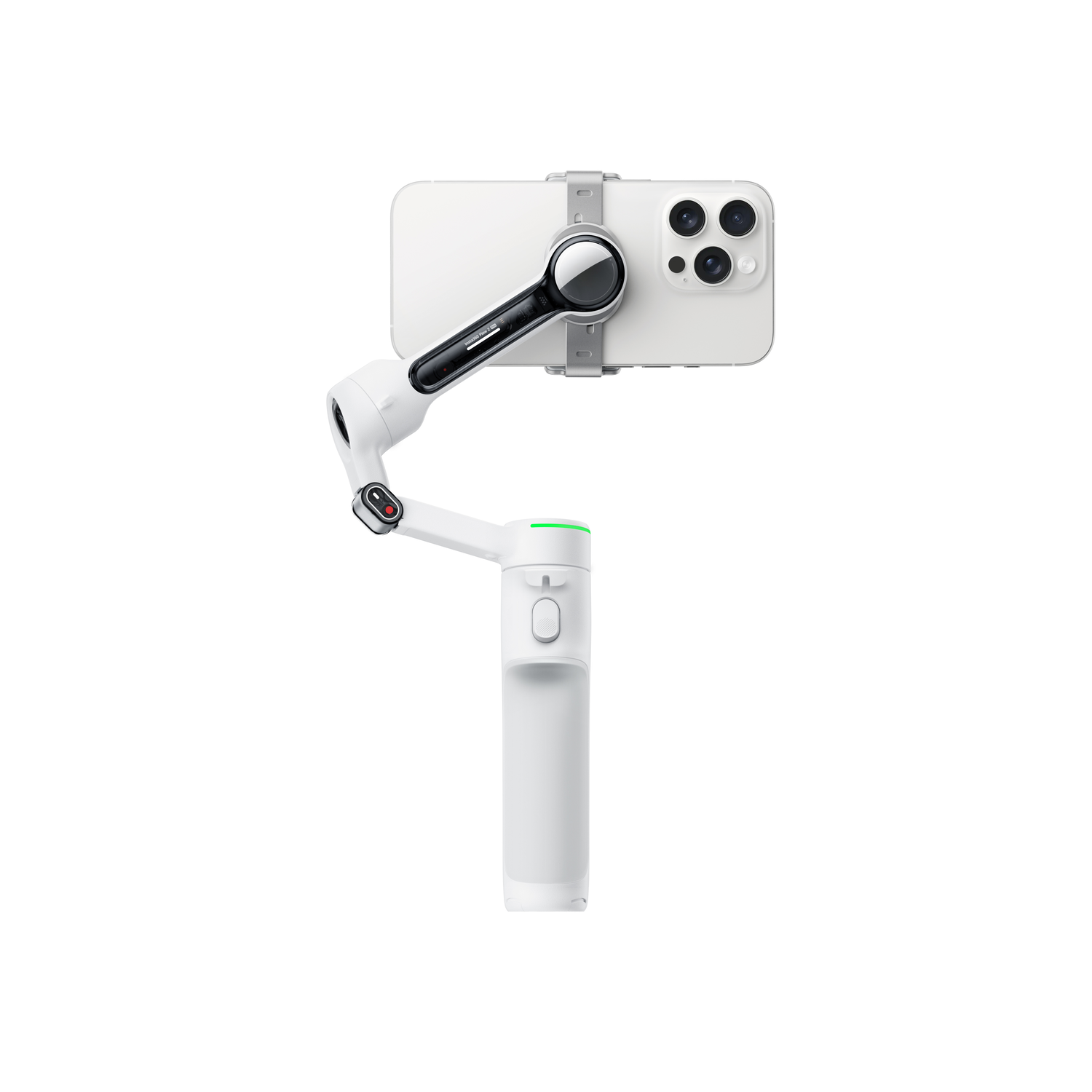 White handheld gimbal with a smartphone attached. White background.