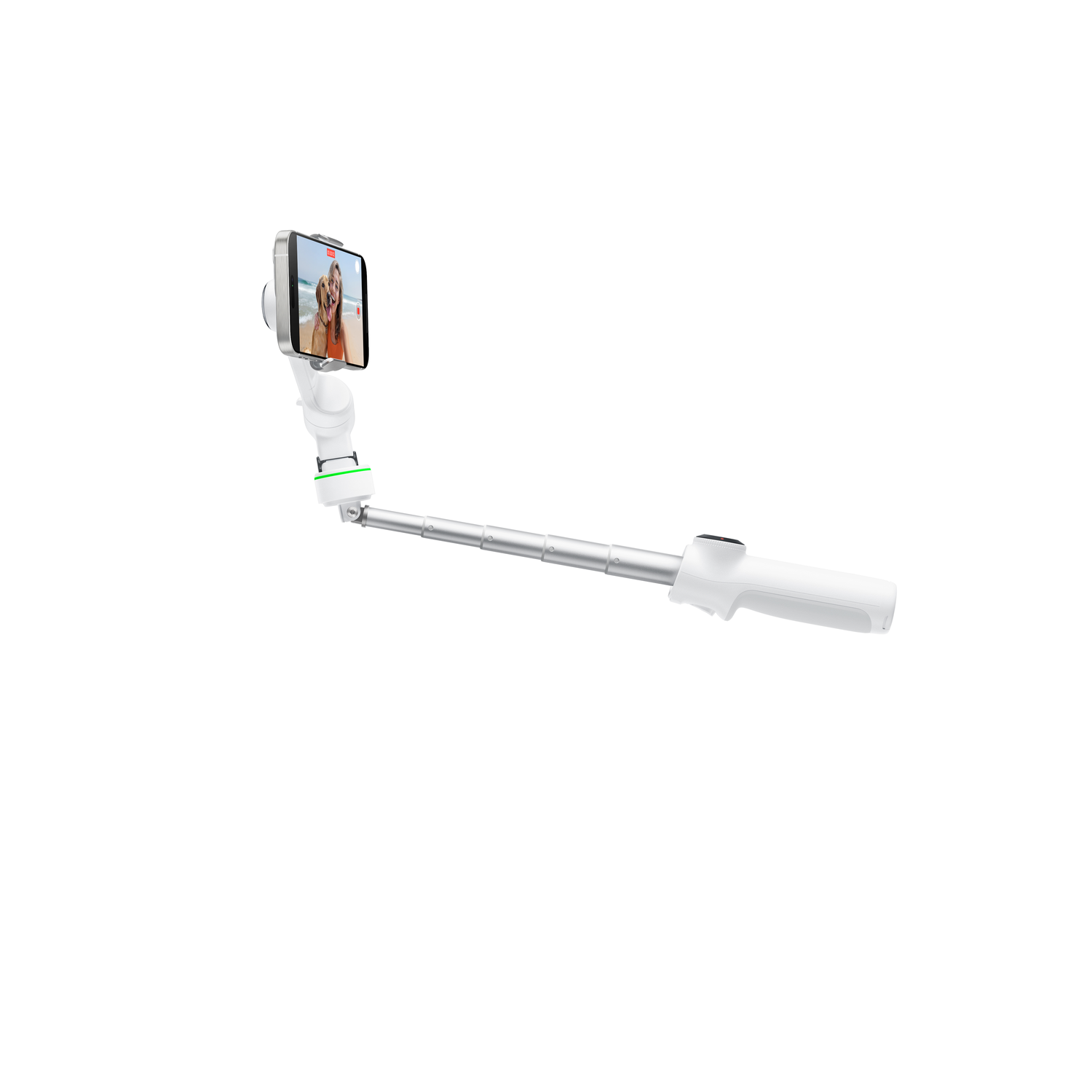 White selfie stick with a phone attached displaying a person taking a selfie.