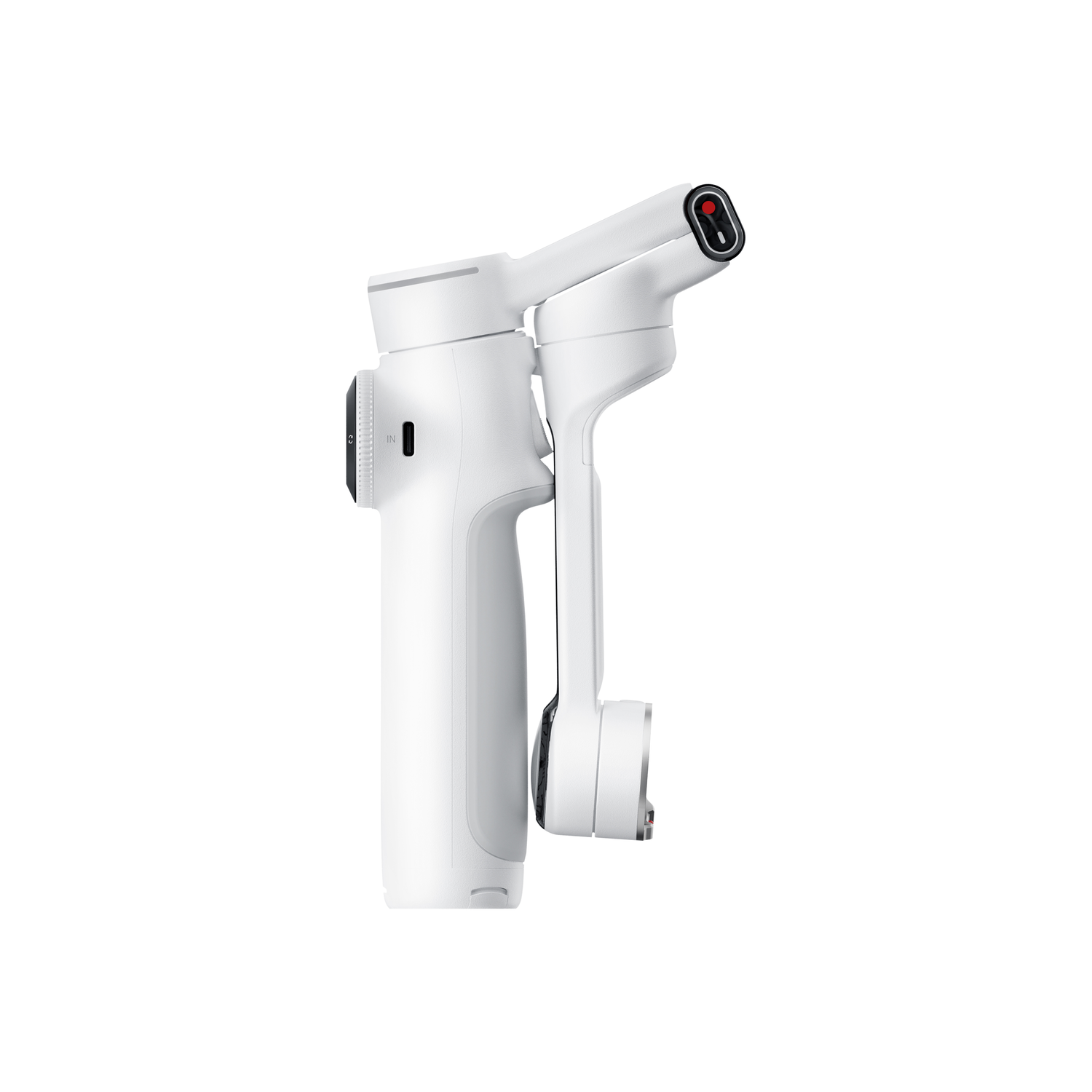 White gimbal stabilizer, partially folded. Has a black display and red button.