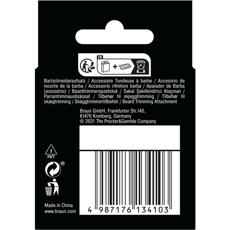Embalaje blanco y negro con texto en varios idiomas y código de barras.