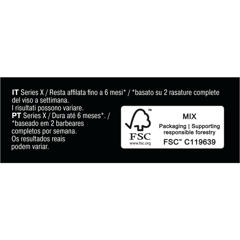 Una etiqueta en blanco y negro con texto sobre el afeitado y la certificación FSC.