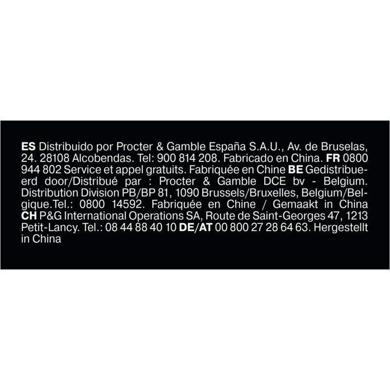 Texto sobre fondo negro. Información sobre la distribución y fabricación del producto en varios idiomas.