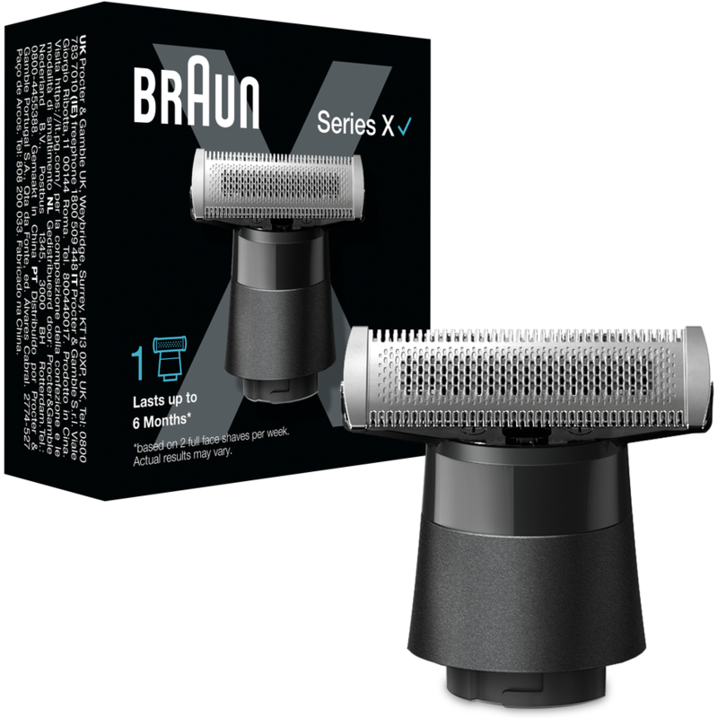 Cabezal y caja del recortador Braun Series X. La caja tiene el logotipo de Braun y detalles del producto.