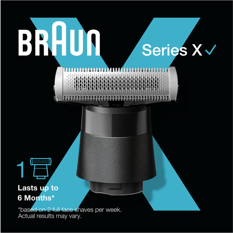 Cabezal de afeitadora Braun Series X con texto 'Dura hasta 6 meses' sobre fondo azul.