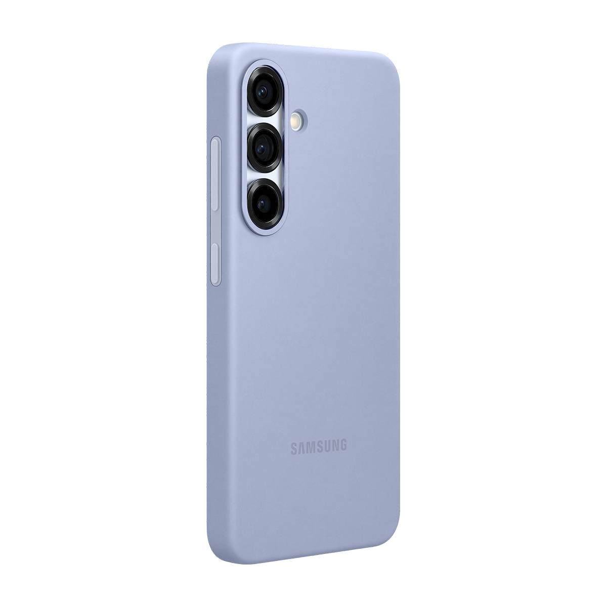 Siyah arka planda kamera dizisi ve Samsung logosu bulunan lavanta renkli telefon kılıfı.